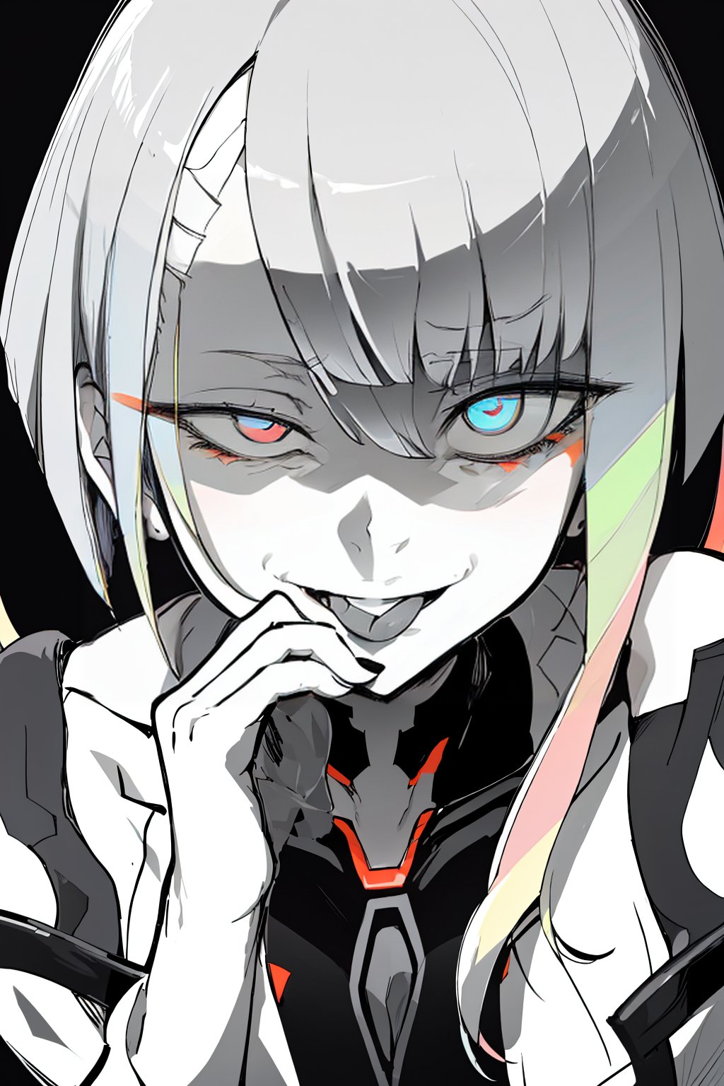 masterpiece, best quality, monochrome, greyscale, ebiblue, gesugao,1girl, lucyna, short hair, bangs, multicolored eyes, red eyeliner, bare shoulders,  jacket, bodysuit, tongue out,evil smile, closeup, looking at viewer, solo, (black background, simple background:1.3), white outline, spot colors, shaded face   <lora:Lucyna:1> <lora:Ebiblue:1>