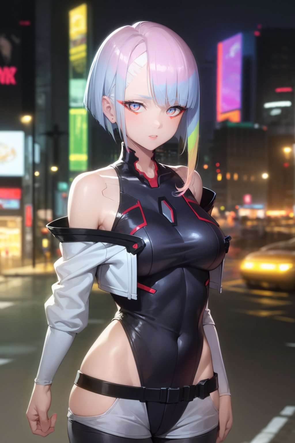 masterpiece, best quality,1girl, lucyna, short hair, bangs, multicolored hair, multicolored eyes, red eyeliner, makeup, bare shoulders, white jacket, shorts, leotard, hip vent, bodysuit,cowboy shot, looking at viewer, solo, neon light, night, cyberpunk city background  <lora:Lucyna:1>