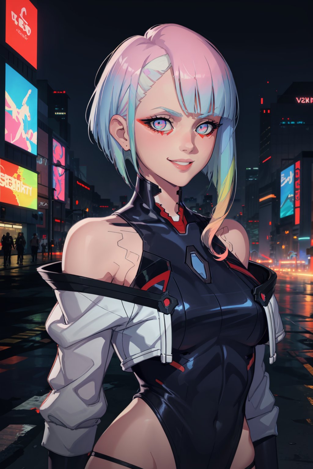 masterpiece, best quality,1girl, lucyna, short hair, bangs, multicolored hair, multicolored eyes, red eyeliner, makeup, bare shoulders, open white jacket, leotard, bodysuit,upper body, smile, looking at viewer, solo, neon light, night, cyberpunk city background  <lora:Lucyna:1>