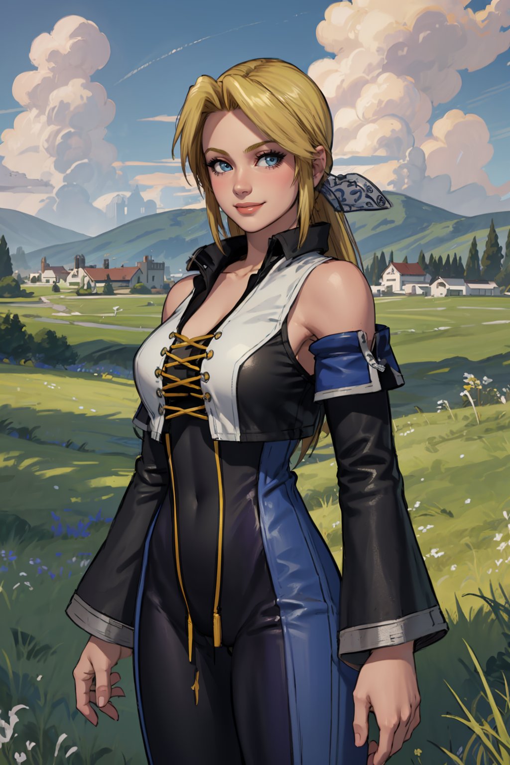 masterpiece, best quality,1girl, helenadouglas, blonde hair, long hair, blue eyes, jacket, catsuit, long sleeves, detached sleeves,upper body, smile, solo, looking at viewer, grass, blue sky, cloud, meadow background     <lora:HelenaDouglasClassic:1>