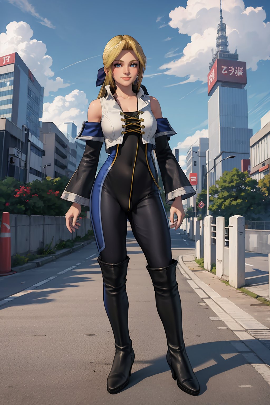 masterpiece, best quality,1girl, helenadouglas, blonde hair, long hair, blue eyes, jacket, catsuit, long sleeves, boots, detached sleeves,full body, standing, smile, solo, looking at viewer, building, blue sky, cloud, tokyo street background     <lora:HelenaDouglasClassic:1>