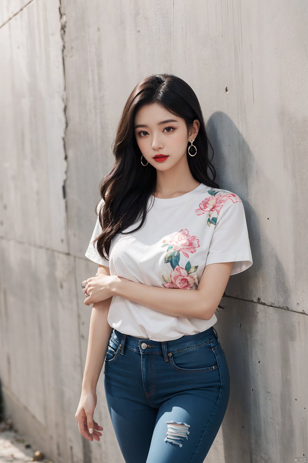 zjy, 1girl, solo, black hair, jewelry, long hair, earrings, shirt, jeans, ring, blue pants, standing, floral print, short sleeves, print shirt, red lips, wall, Pearl earrings, Left thumb pocket, Right elbow against the wall, Damaged walls