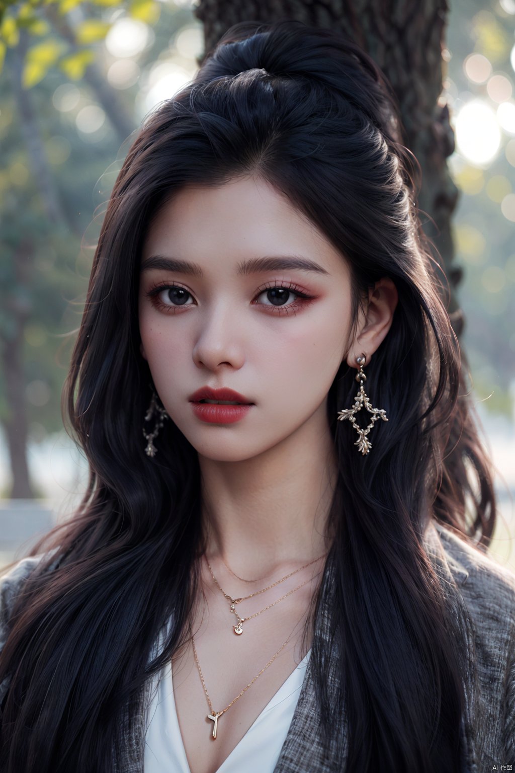 zjy, 1girl, solo, jewelry, long hair, earrings, realistic, necklace, black hair, looking at viewer, blurry background, blurry, tree, lips, outdoors, upper body, closed mouth, nose, Crescent Earrings, Red lips, Wave hairstyle