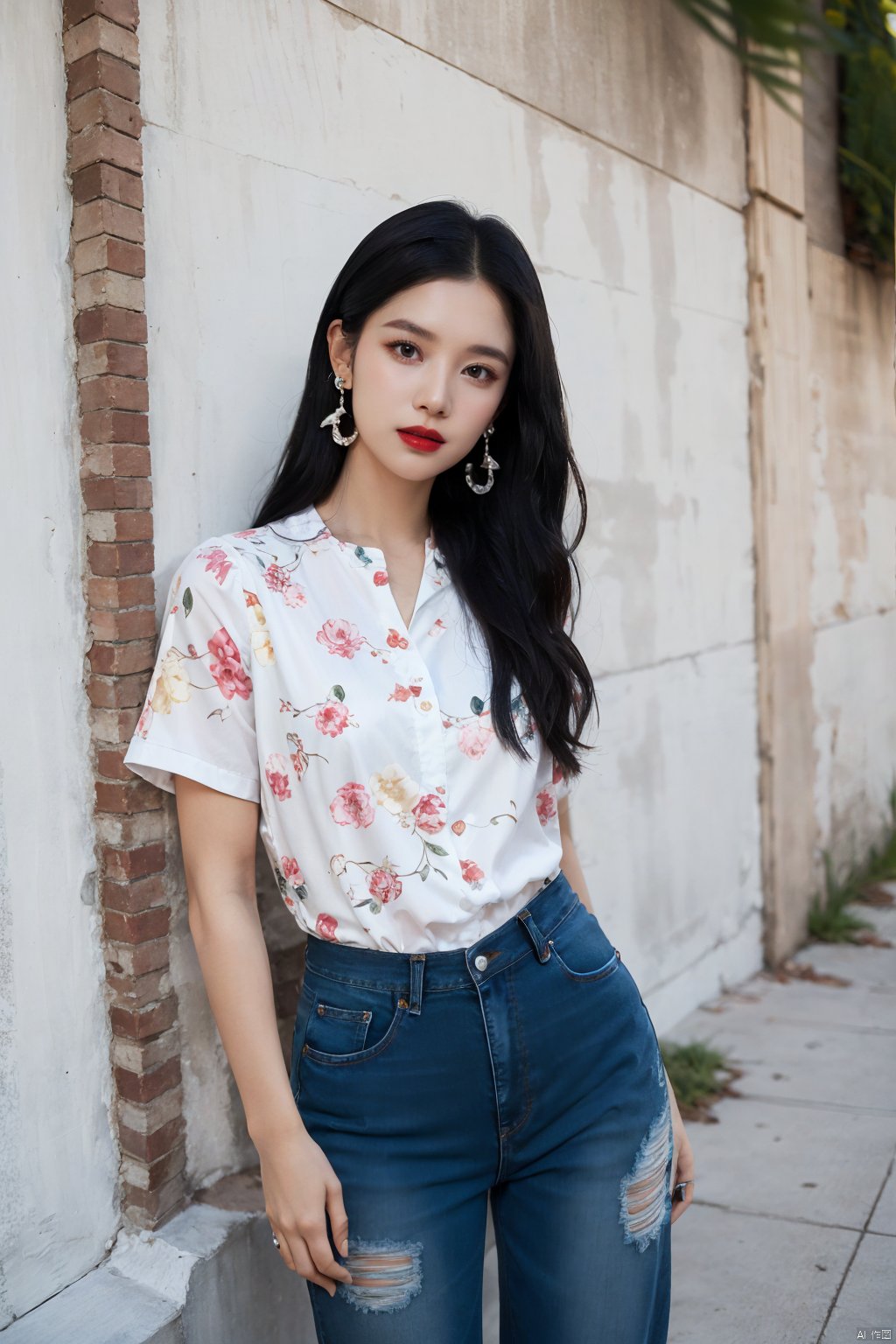 zjy, 1girl, solo, black hair, jewelry, long hair, earrings, shirt, jeans, ring, blue pants, standing, floral print, short sleeves, print shirt, red lips, wall, Pearl earrings, Left thumb pocket, Right elbow against the wall, Damaged walls