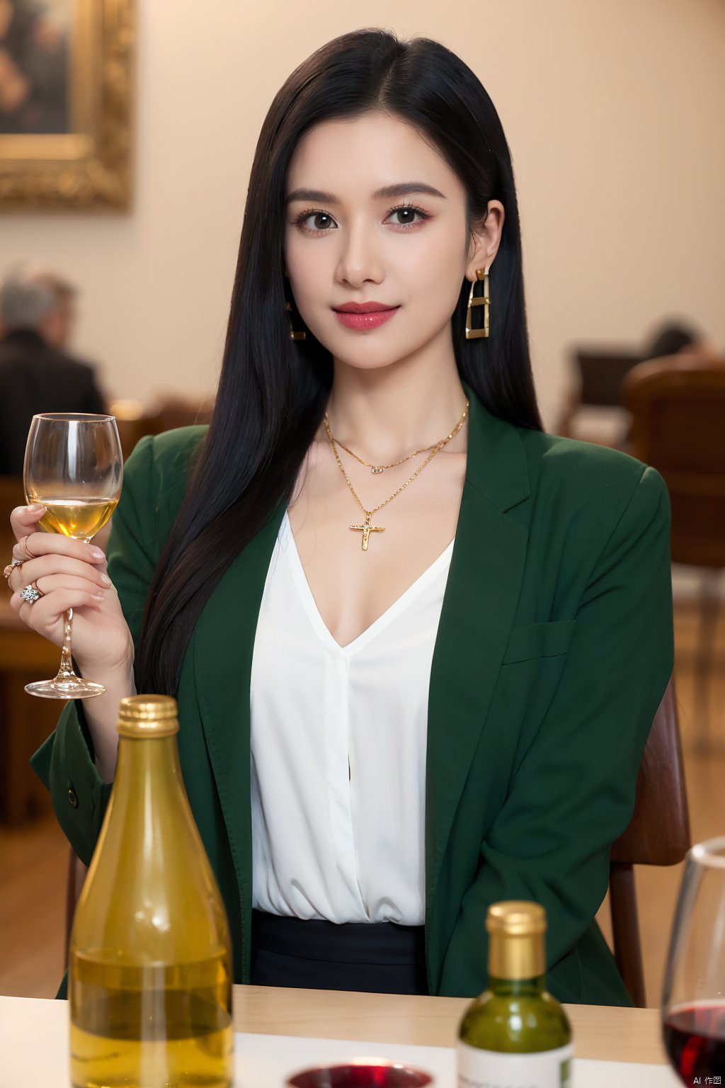 zjy, 1girl, jewelry, solo, black hair, drinking glass, earrings, cup, ring, long hair, alcohol, looking at viewer, blurry, jacket, wine glass, bottle, holding, sitting, necklace, blurry background, realistic, drink, table, smile, Green chair