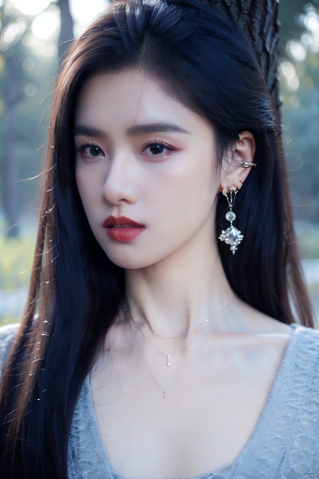 zjy, 1girl, solo, jewelry, long hair, earrings, realistic, necklace, black hair, looking at viewer, blurry background, blurry, tree, lips, outdoors, upper body, closed mouth, nose, Crescent Earrings, Red lips, Wave hairstyle,moyou