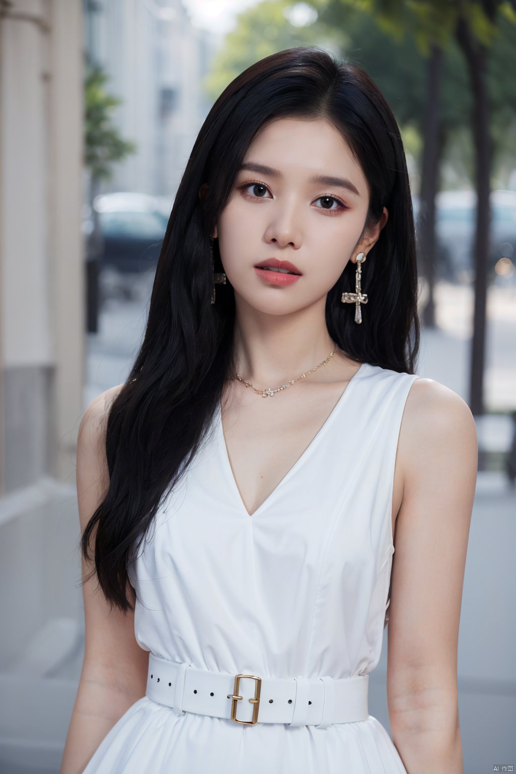 zjy, 1girl, solo, black hair, long hair, dress, earrings, white dress, jewelry, realistic, looking at viewer, sleeveless, belt, lips, sleeveless dress, parted lips, upper body, depth of field