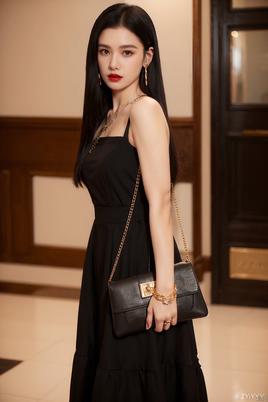 zjy, 1girl, solo, black hair, dress, bag, long hair, handbag, black dress, looking at viewer, jewelry, standing, realistic, bare shoulders, lips, Red lips, ring, Metal chain, indoor