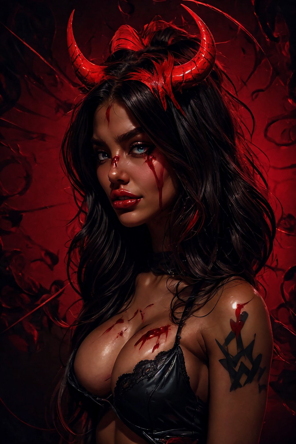 Demon woman, beutiful demon girl, big horns, devil smile, angry, red eyes, black curly hair, dark red background, blood