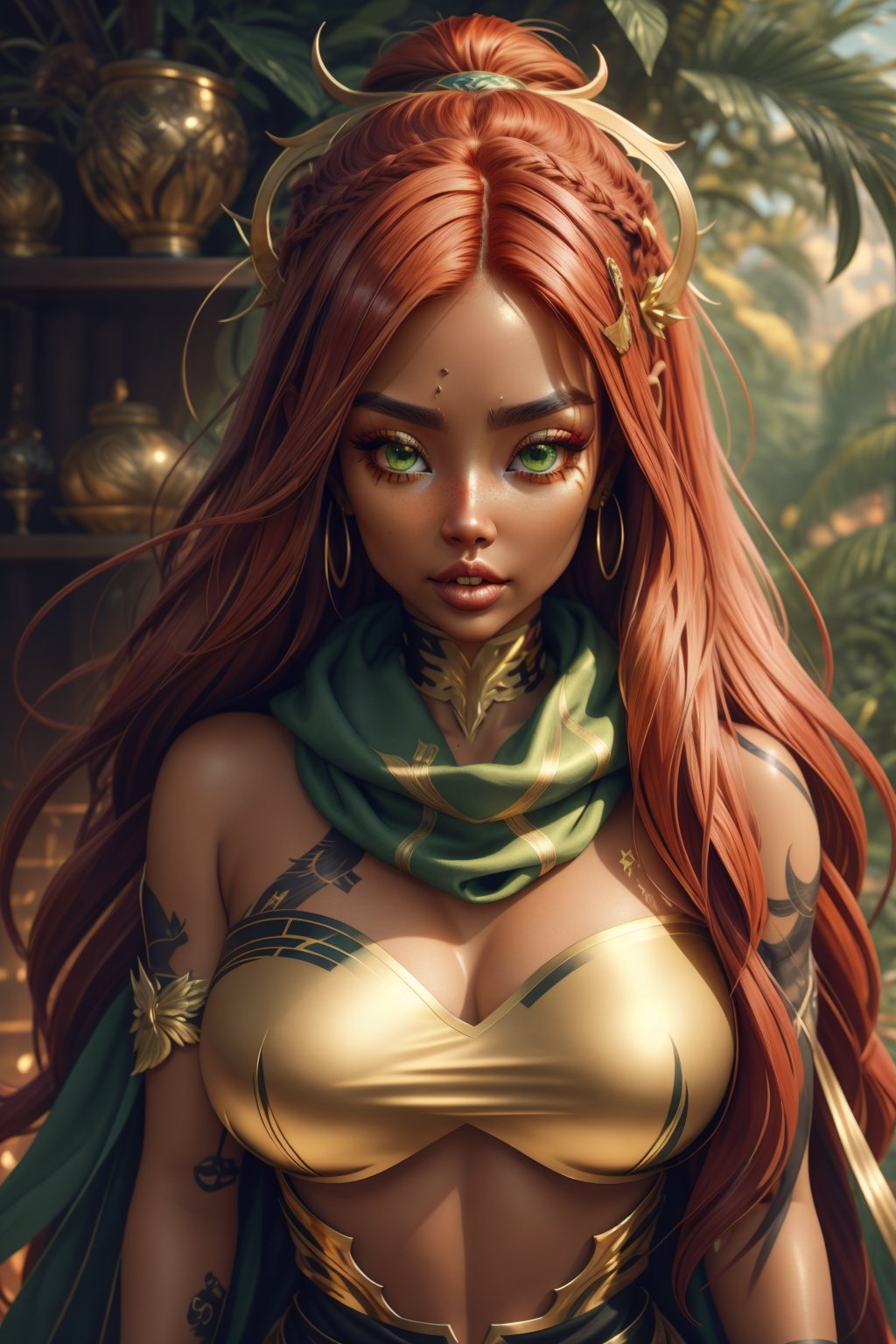 Best Quality, Highly Detailed, Masterpiece, Hyper Detail, Illustration, 1 Girl, messy_long_red hair, CG Uniform 8k Wallpaper, Ink, Breathtaking, Cinematic Light, lens_flare, gufeng_style, Fantastic Big Eyes, Green Clothes, (Heavy makeup: 1.2), exotic, desert, (gold leaf), monstera, bamboo, scarf floats up, 