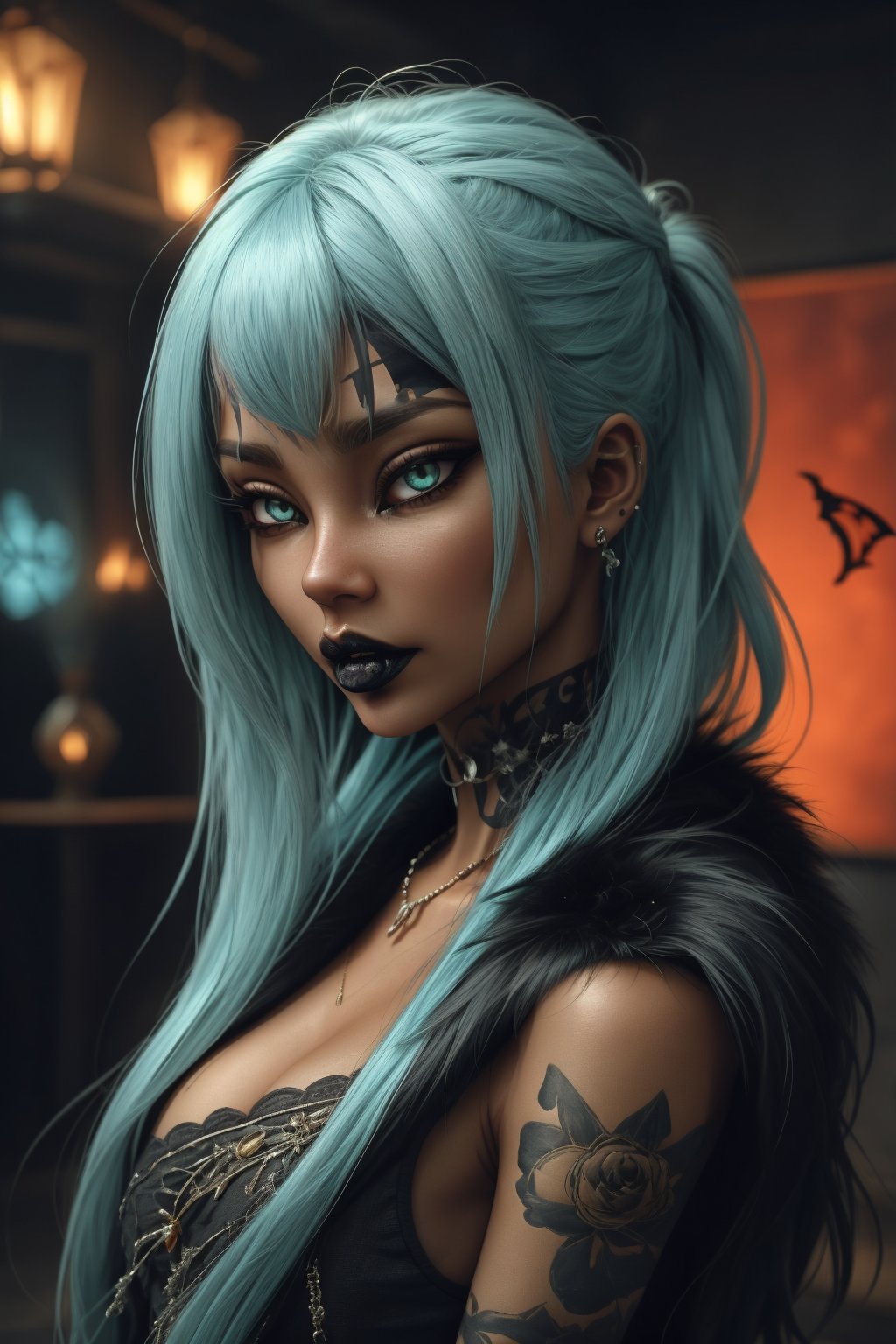 anime-doll age21,doll-joints,half-punk-hair,sly-opal-anime-eyes,smug,slender-body,vampire-punk,fur,opal,source lighting,radial lighting,intricate, ornate, elegant,dim-illumination,3D,Goth