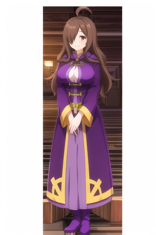 1girl, solo,wizl long hair breasts brown hair ahoge
hair over one eye,(( brown eyes))
purple robe, long robe ,hood purple ,((purple boots)), long dress, light purple dress, yellow cross
outdoors garden trees flowes sunny 
looking at viewer, smile , 
full body