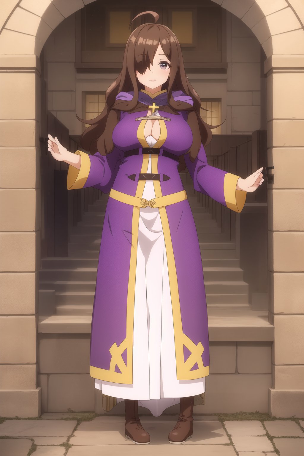 1girl, solo,wizl long hair breasts brown hair ahoge
hair over one eye,(( brown eyes))
purple robe, long robe ,hood purple purple boots, long dress, light purple dress, yellow cross
outdoors garden trees flowes sunny 
looking at viewer, smile , 
full body