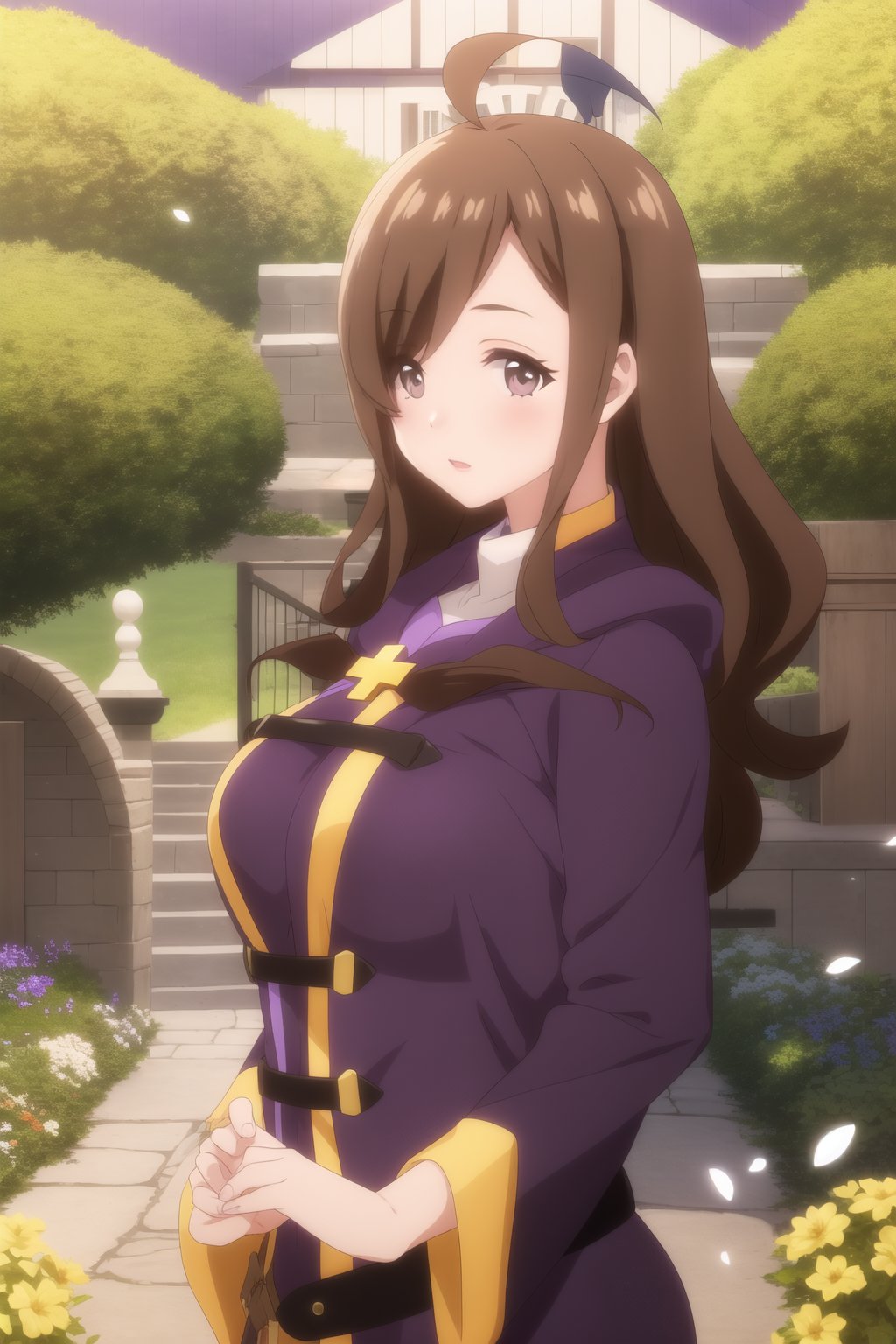 1girl, solo,wizl long hair breasts brown hair ahoge
hair over one eye,(( brown eyes))
purple robe, long robe ,hood purple purple boots, long dress, light purple dress, yellow cross
outdoors garden trees flowes sunny 
looking at viewer, smile , 
full body