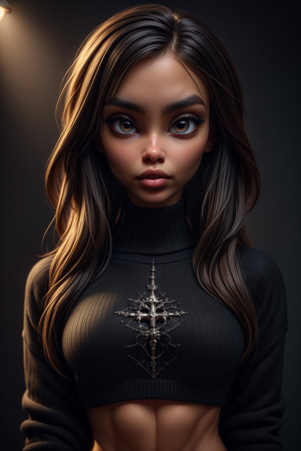 (masterpiece, best quality, absurdres, 4k, aesthetic, detailed, intricate, perfect lighting),simple background,1girl,wearing virgin destroyer sweater,black clothing,abs,mefaith, long hair, ,Extremely Realistic,goth person,ExStyle,samdoesart,Leonardo Style, big eyes, cute face, pandora,