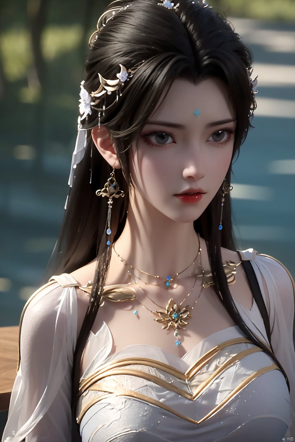 1girl, jewelry, hair ornament, earrings, dress, white dress, long hair, solo, upper body, necklace, looking to the side, blurry background, table, black hair, blurry, brown hair, qingyi<lora:EMS-320550-EMS:0.800000>