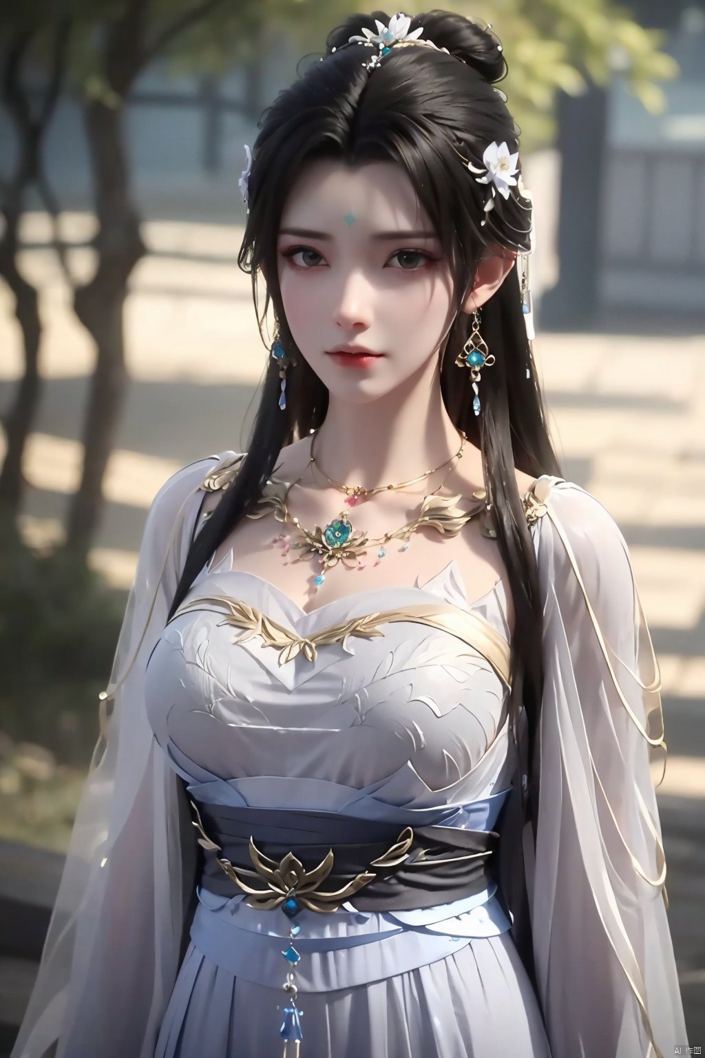 1girl, jewelry, dress, earrings, hair ornament, long hair, necklace, black hair, solo, white dress, hair bun, chinese clothes, blurry background, upper body, forehead mark, expressionless, long sleeves, sash, looking at viewer, facial mark, closed mouth, qingyi<lora:EMS-320550-EMS:0.800000>