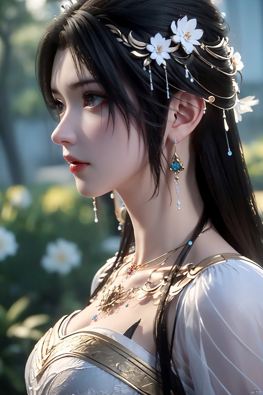 1girl, jewelry, hair ornament, earrings, solo, blurry background, long hair, dress, necklace, upper body, blurry, white dress, black hair, expressionless, from side, closed mouth, flower, facial mark, qingyi<lora:EMS-320550-EMS:0.800000>