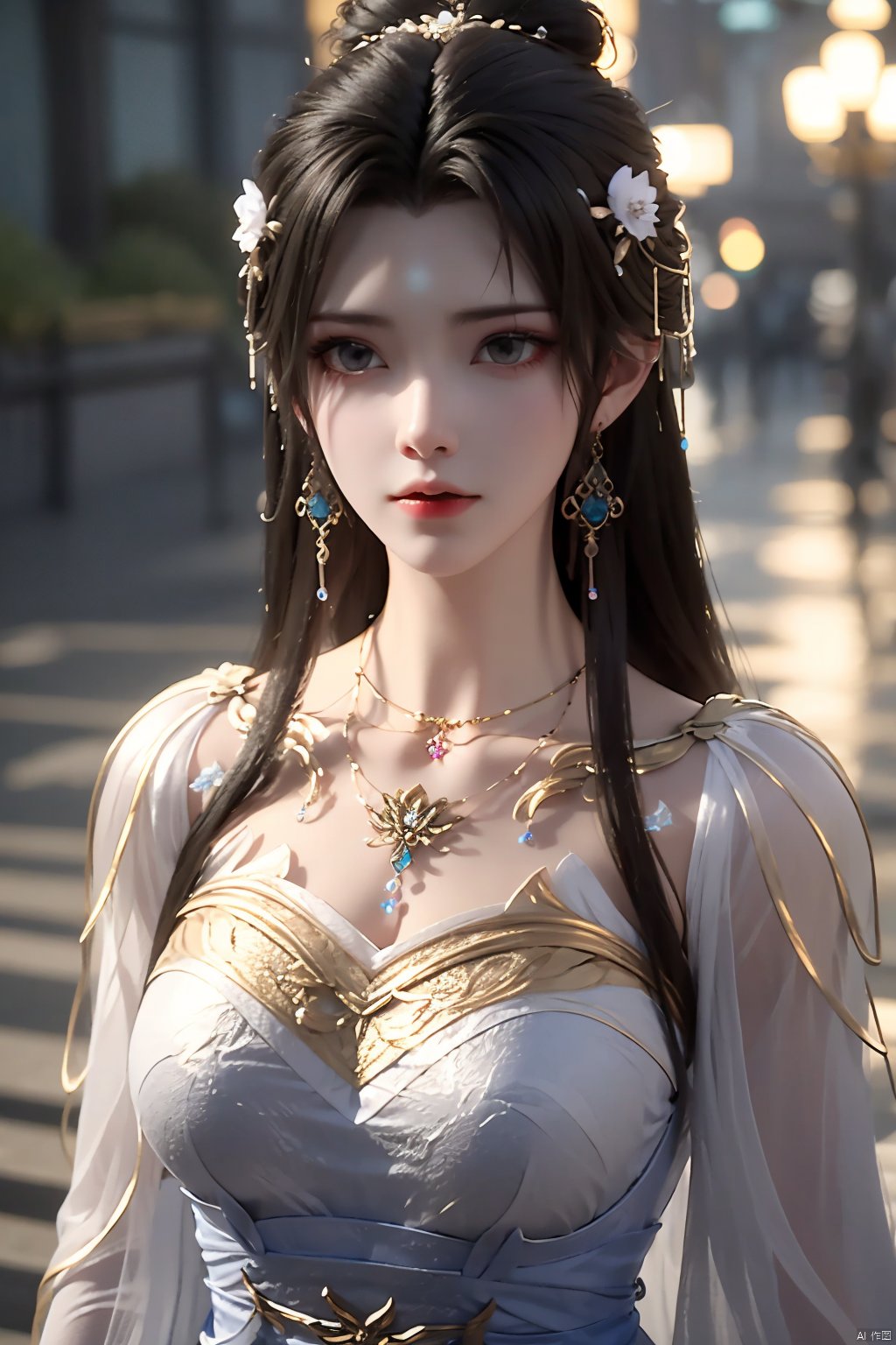 1girl, jewelry, hair ornament, earrings, dress, solo, upper body, white dress, long hair, necklace, brown hair, looking at viewer, blurry background, expressionless, hair bun, closed mouth, blurry, qingyi<lora:EMS-320550-EMS:0.800000>