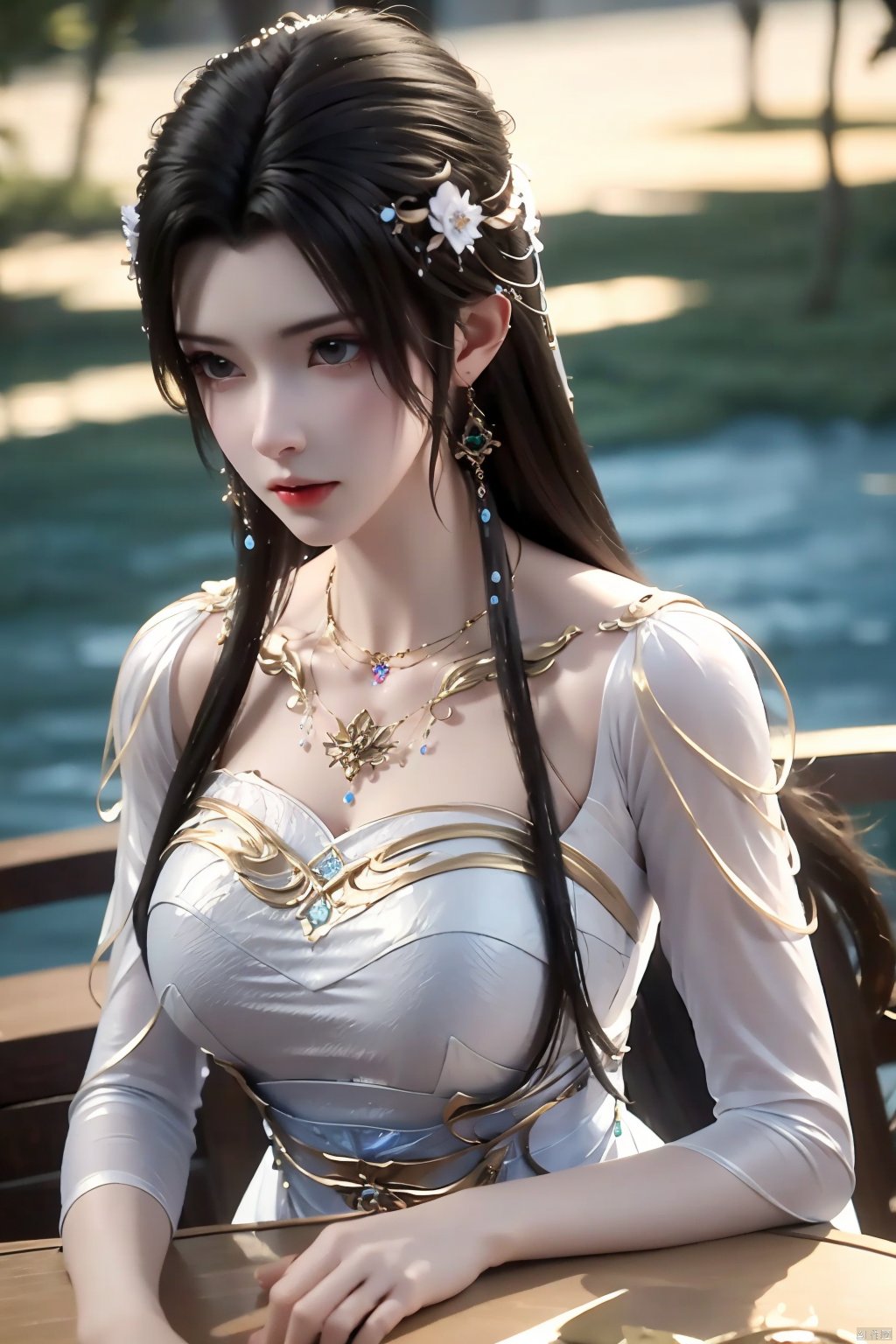 1girl, jewelry, hair ornament, earrings, dress, white dress, long hair, solo, upper body, necklace, looking to the side, blurry background, table, black hair, blurry, brown hair, qingyi<lora:EMS-320550-EMS:0.800000>