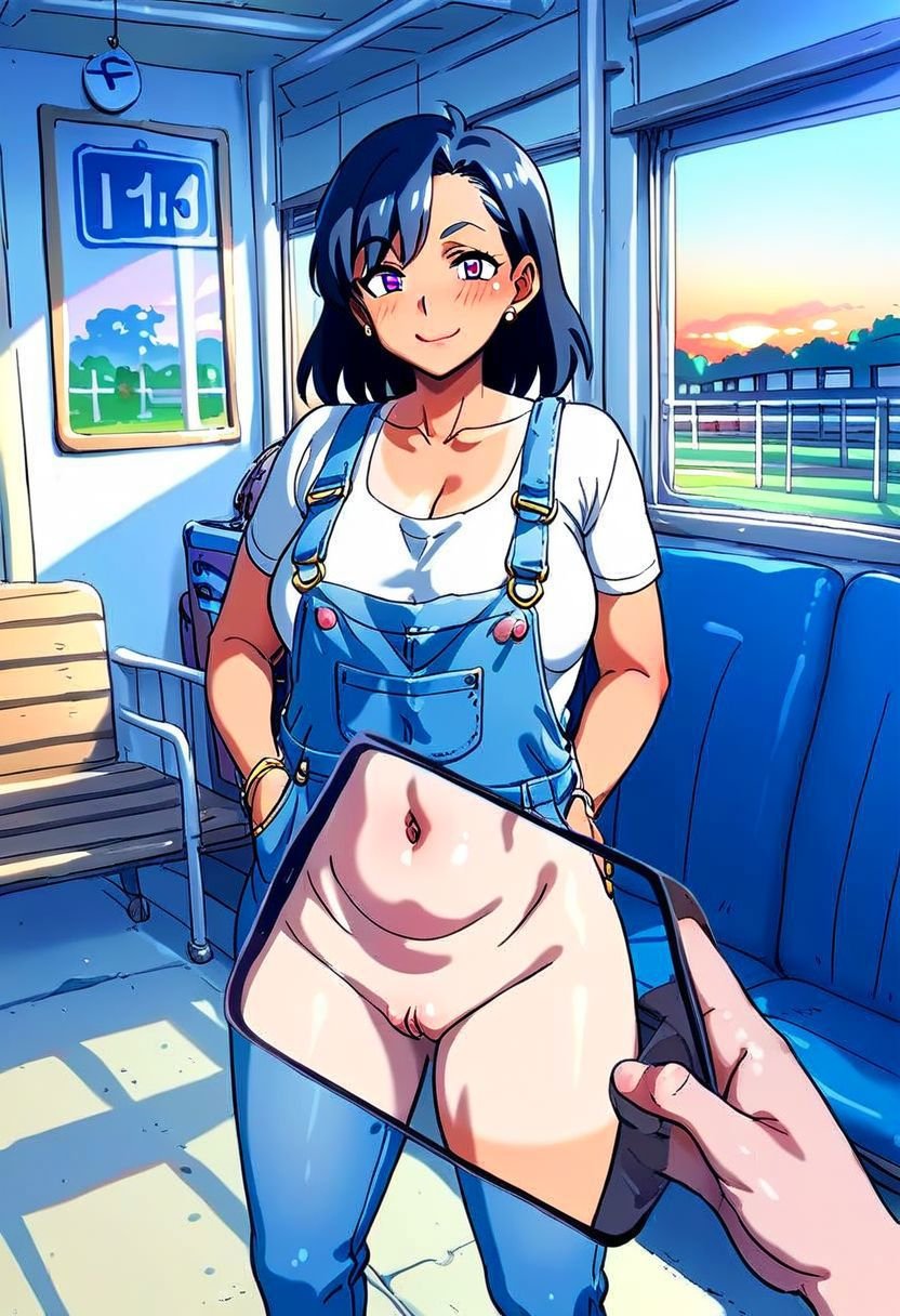 score_9, score_8_up, score_7_up, source_anime, source_explicit, pov, majikfone, anime, mature, woman wearing denim overalls, looking at viewer, smile, masterpiece, blushing, majikfone, bus stop, anime, indoors, window, sunset, tanlines