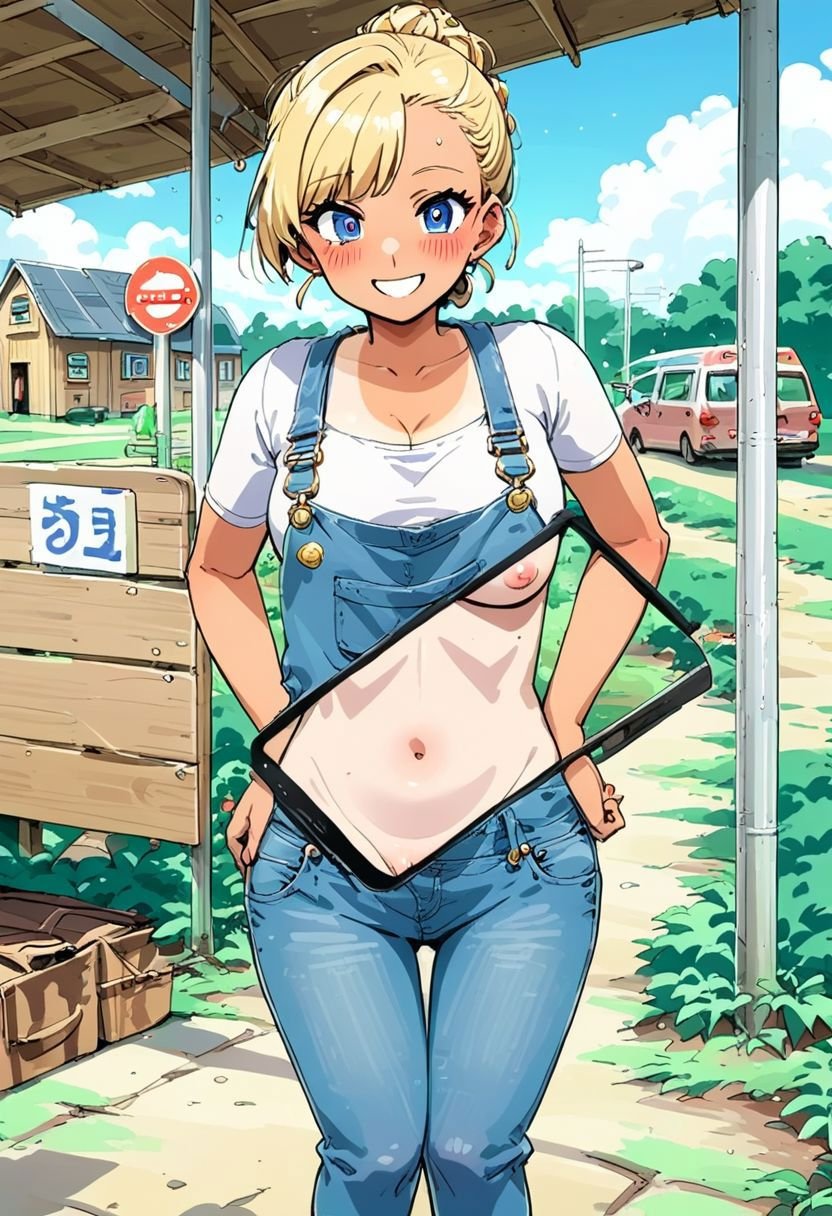 score_9, score_8_up, score_7_up, source_anime, source_explicit, pov, majikfone, anime, female farmer wearing denim overalls, looking at viewer, smile, masterpiece, blushing, majikfone, bus stop, anime, hanging breasts, tanlines, blonde updo