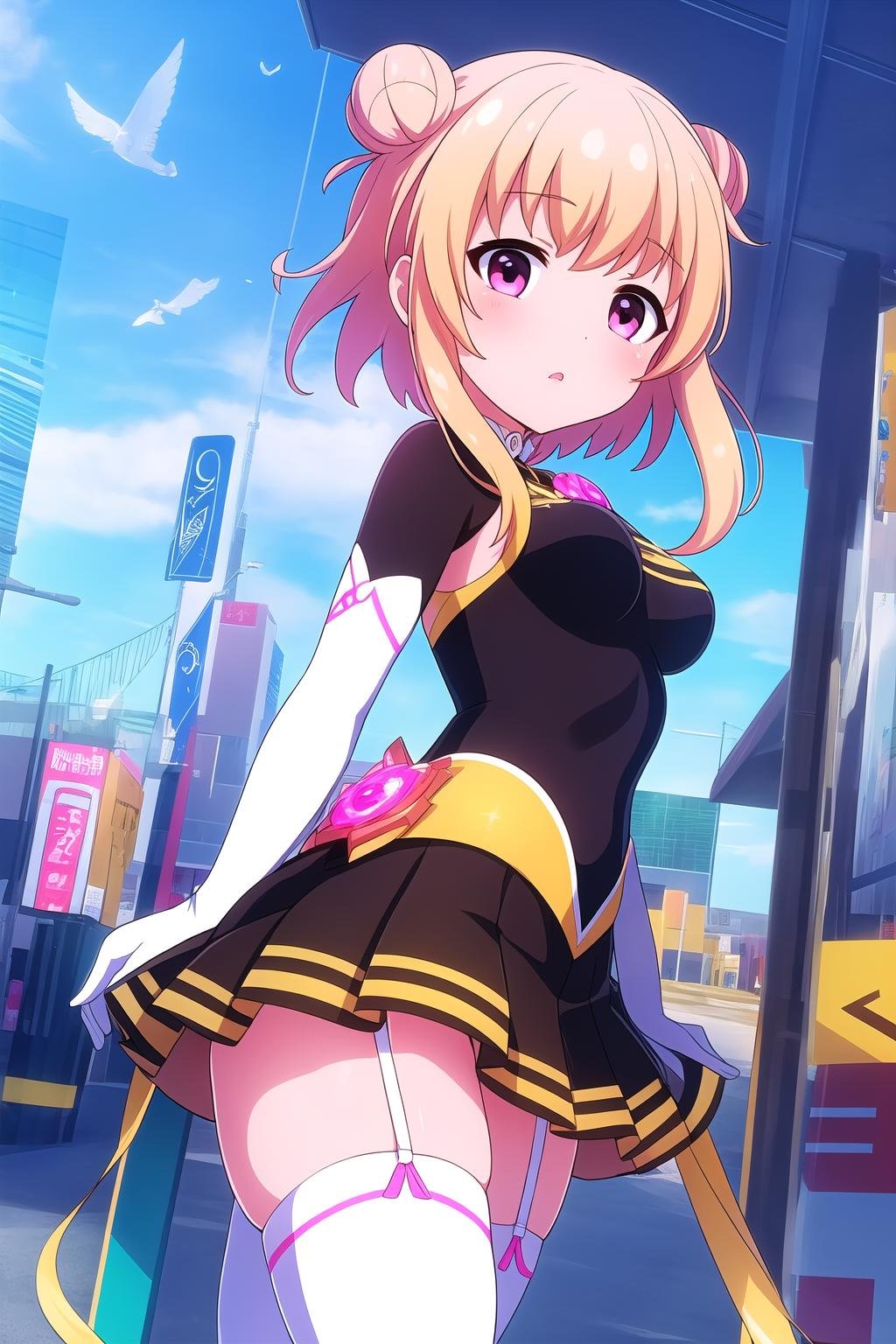 (masterpiece, best quality), highly detailed background, perfect lightingbest quality, watagimichelle, solo, outdoors, magical girl, blonde hair, double bun, broonch, jewelry, hair ornament, bangs, short hair, sidelocks, pink eyes, medium breasts, yellow bodysuit, white gloves, elbow gloves, black skirt, pleated skirt, white thighhighs, garter straps, open mouth, >:o, pink lips, <lora:Watagi-Michelle:0.7>