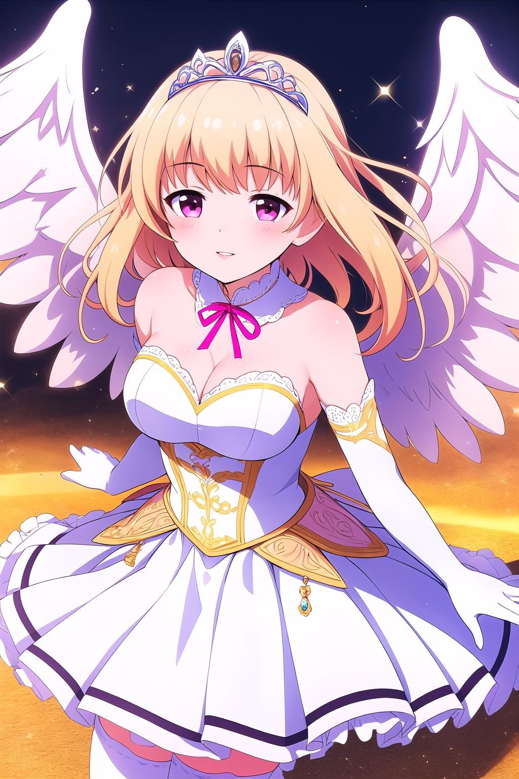 (masterpiece, best quality), highly detailed background, perfect lightingbest quality, watagimichelle, solo, outdoors, angel, blonde hair, tiara, bangs, medium hair, sidelocks, pink eyes, jewelry, medium breasts, white dress, neck ribbon, cleavage, bare shoulders, detached sleeves, angel wings, white gloves, elbow gloves, white skirt, pleated skirt, white thighhighs, smile, closed mouth, parted lips, pink lips, <lora:Watagi-Michelle:0.7>