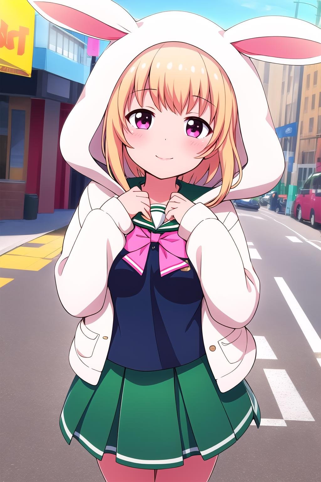 (masterpiece, best quality), highly detailed background, perfect lightingbest quality, watagimichelle, solo, outdoors, city, blonde hair, bangs, short hair, sidelocks, pink eyes, medium breasts, rabbit ears, fake animal ears, rabbit hood, white jacket, hooded jacket, open jacket, serafuku, blue shirt, white sailor collar, yellow bowtie, long sleeves, sleeves past wrists, sleeves past fingers, green skirt, pleated skirt, school uniform, smile, closed mouth, pink lips, <lora:Watagi-Michelle:0.7>