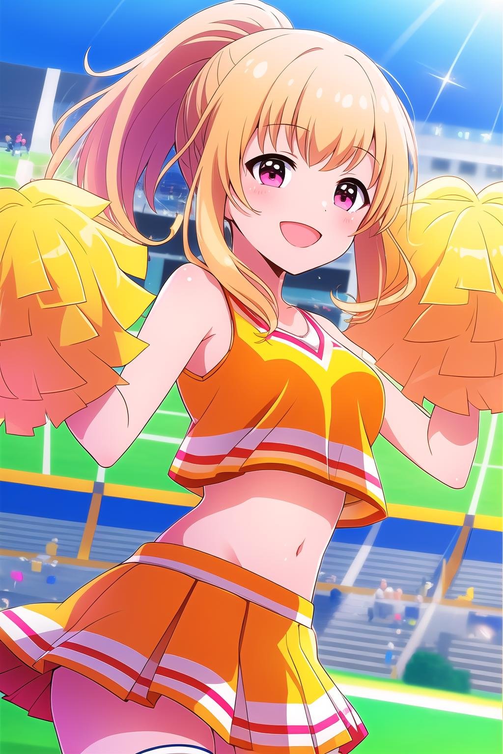 (masterpiece, best quality), highly detailed background, perfect lightingbest quality, watagimichelle, solo, outdoors, stadium, cheerleader, blonde hair, ponytail, bangs, medium hair, sidelocks, pink eyes, medium breasts, orange shirt, sleeveless shirt, crop top, bare shoulders, arm up, pom pom \(cheerleading\), yellow skirt, orange skirt, pleated skirt, miniskirt, white thighhighs, smile, open mouth, :d, pink lips, <lora:Watagi-Michelle:0.7>