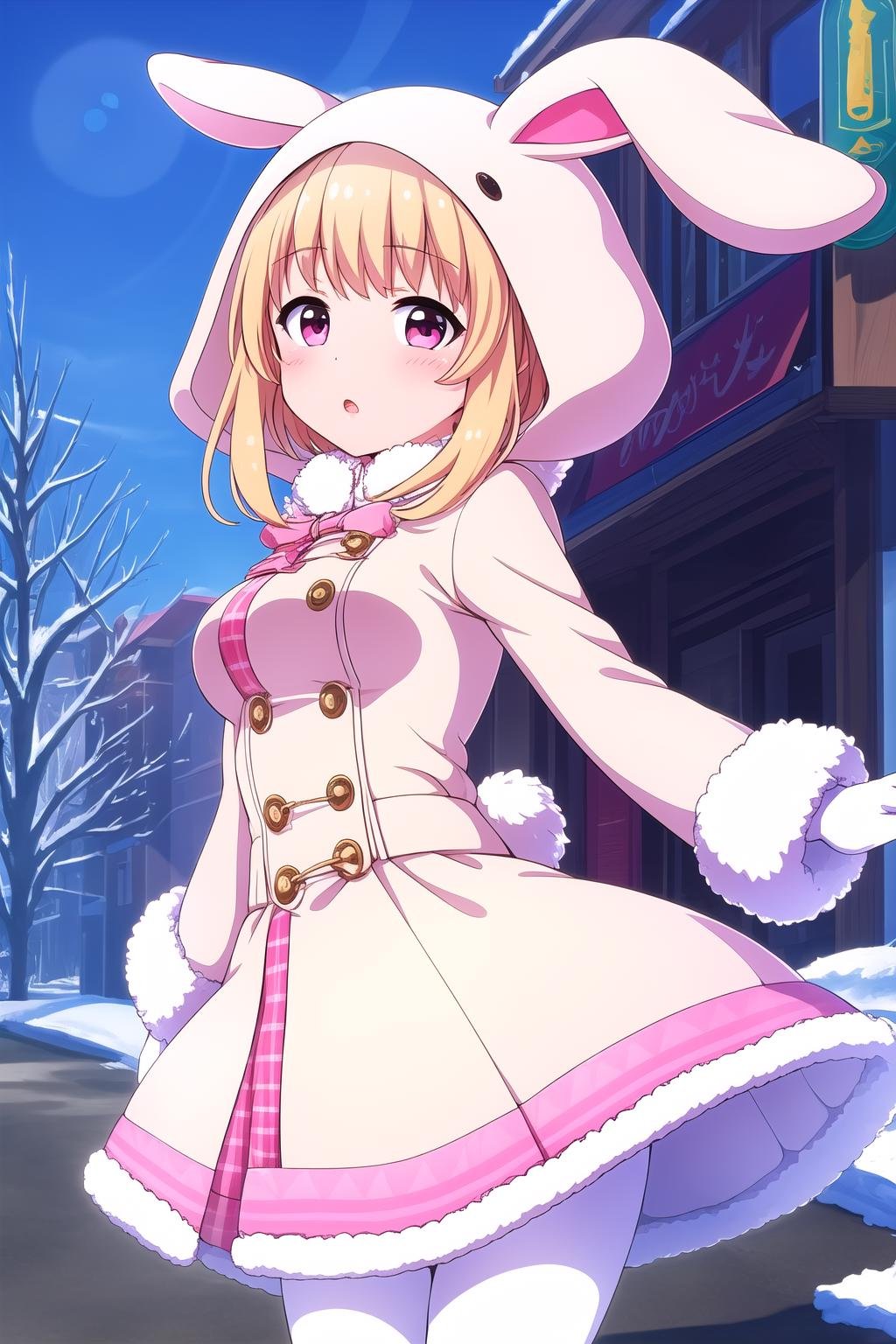 (masterpiece, best quality), highly detailed background, perfect lightingbest quality, watagimichelle, solo, outdoors, winter, blonde hair, bangs, short hair, sidelocks, pink eyes, medium breasts, rabbit ears, fake animal ears, rabbit hood, coat, fur-trimmed jacket, fur trim, long sleeves, white gloves, pink skirt, frilled skirt, white pantyhose, winter clothes, open mouth, :o, pink lips, <lora:Watagi-Michelle:0.7>