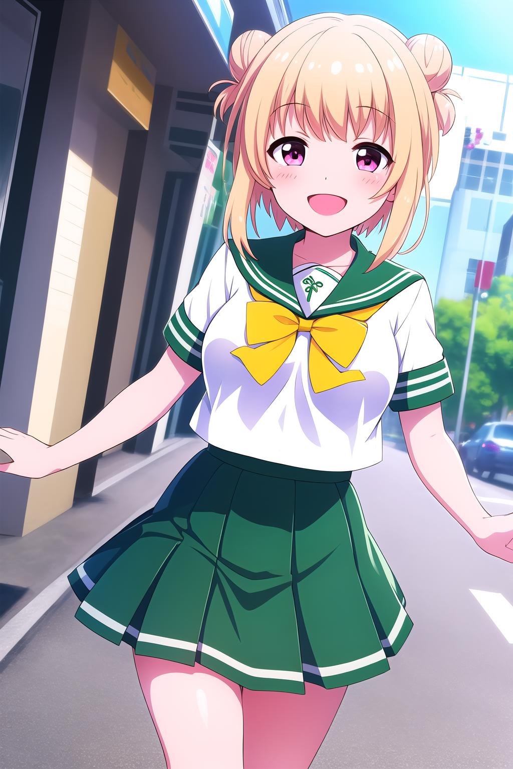 (masterpiece, best quality), highly detailed background, perfect lightingbest quality, watagimichelle, solo, outdoors, city, blonde hair, double bun, bangs, short hair, sidelocks, pink eyes, medium breasts, serafuku, white shirt, green sailor collar, yellow bowtie, short sleeves, green skirt, pleated skirt, school uniform, smile, open mouth, :d, pink lips, <lora:Watagi-Michelle:0.7>