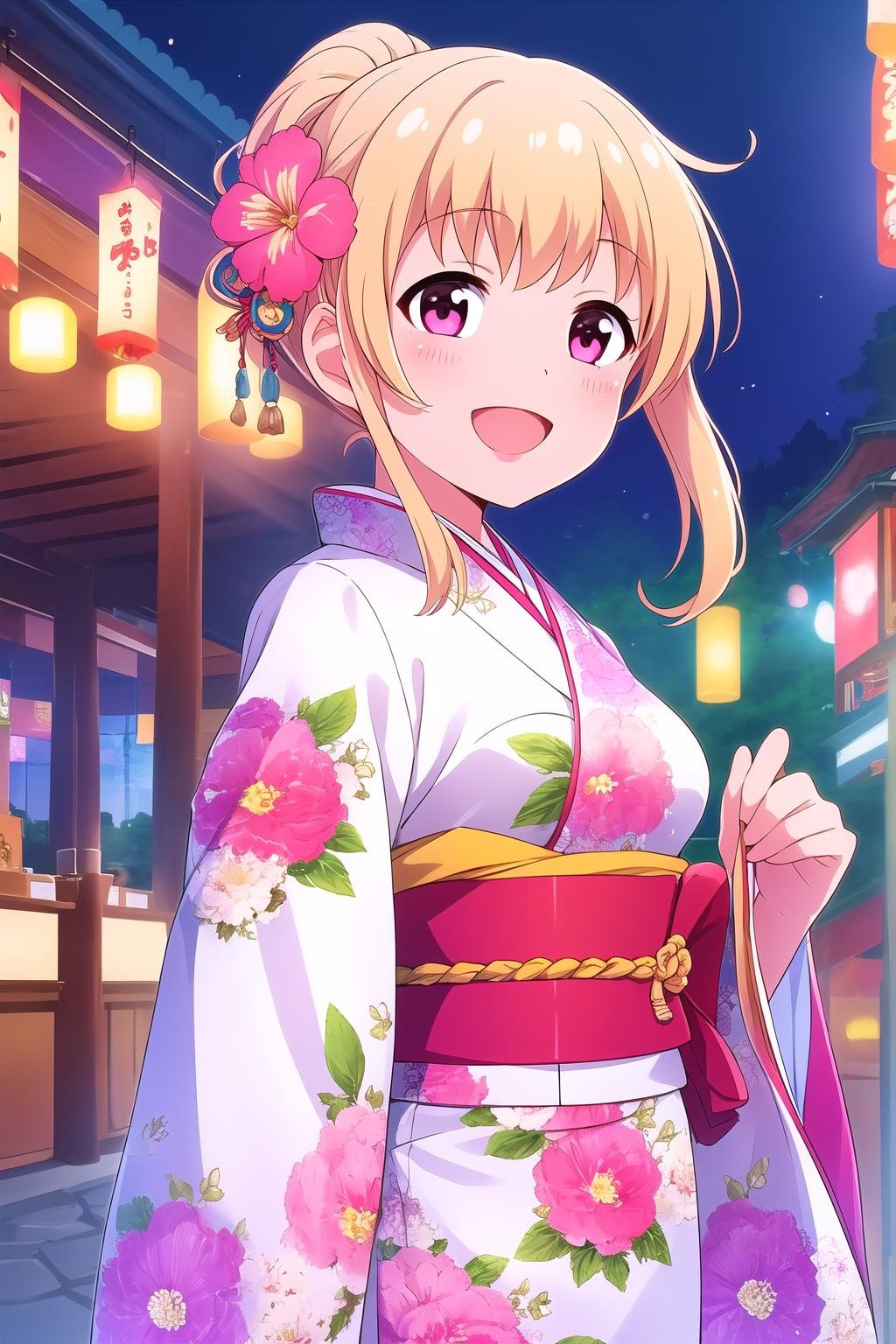 (masterpiece, best quality), highly detailed background, perfect lightingbest quality, watagimichelle, solo, outdoors, night, summer festival, blonde hair, high ponytail, hair flower, bangs, short hair, sidelocks, pink eyes, medium breasts, white kimono, floral print, japanese clothes, light smile, open mouth, :d, pink lips, <lora:Watagi-Michelle:0.7>