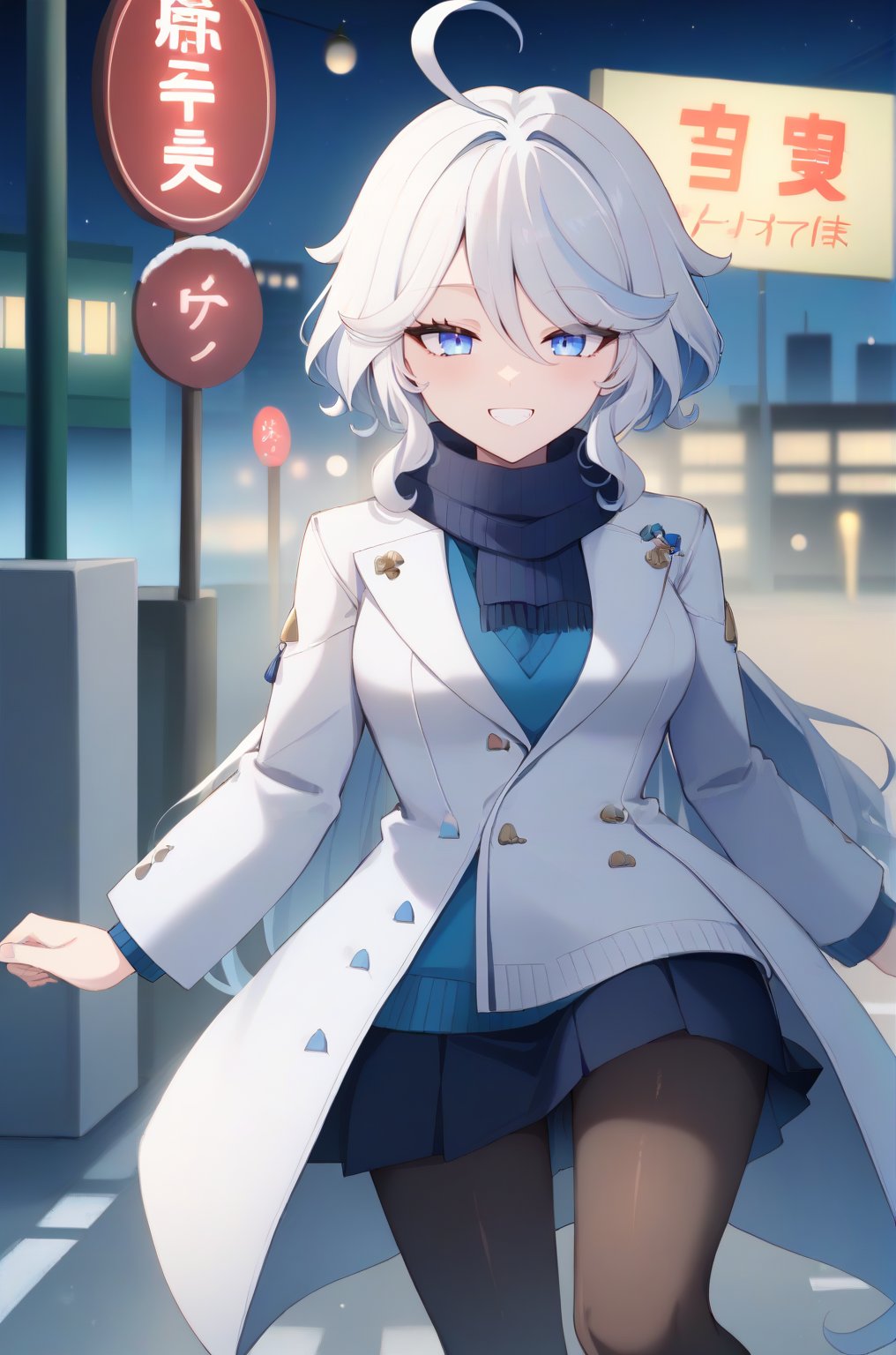 score_9, score_7, BREAK source_anime, (absurdres, masterpiece, high quality), 1girl, furinarnd, white hair, medium breasts, white coat, overcoat, ribbed sweater, blue sweater, skirt, pantyhose, muffler, scarf, smile, teeth, BREAK, outdoor, town, city, night, neon sign,  metropolitan. snow, road,