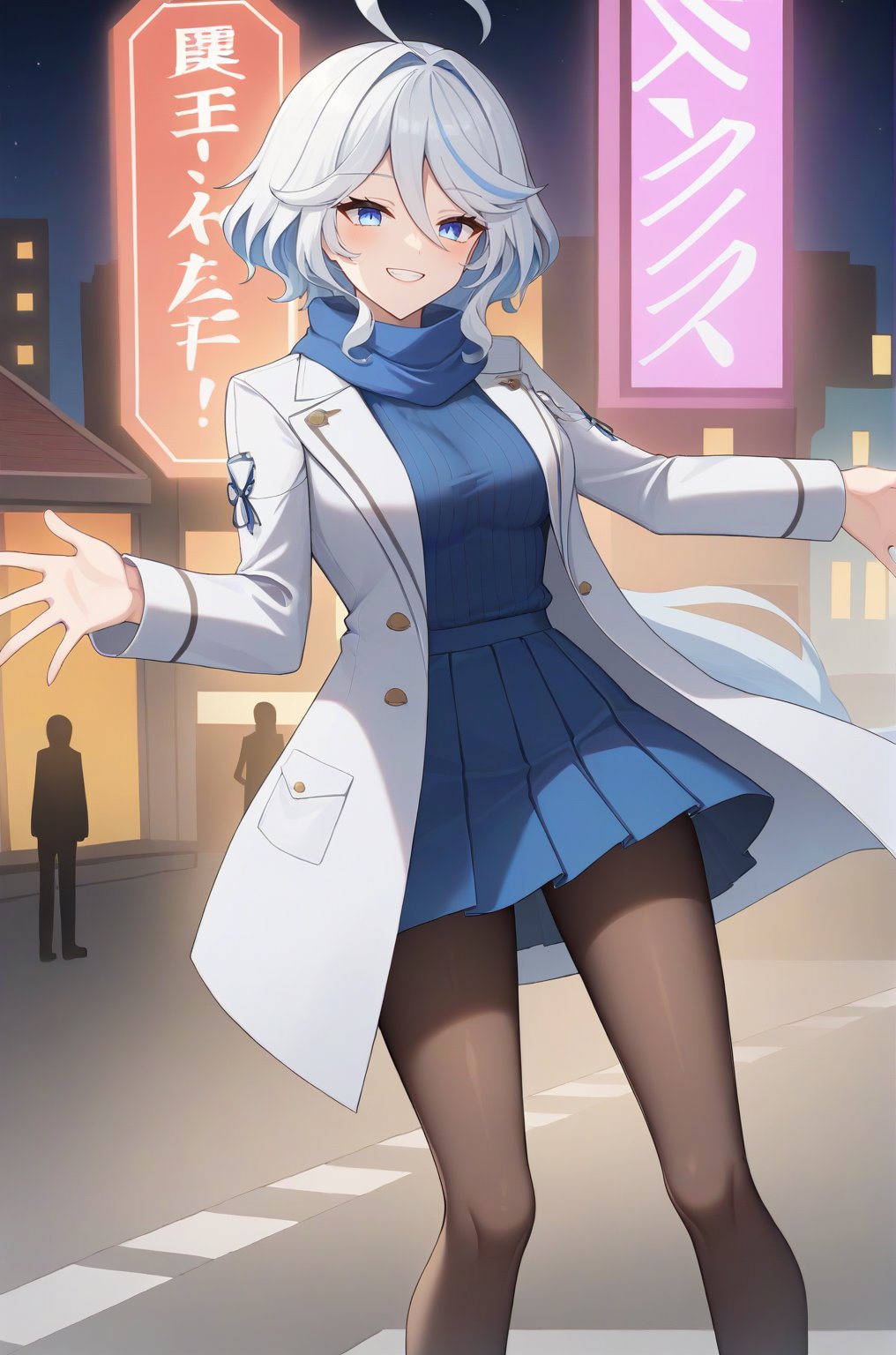 score_9, BREAK source_anime, (absurdres, masterpiece, high quality, 2d, anime), 1girl, furinarnd, white hair, medium breasts, white coat, overcoat, ribbed sweater, blue sweater, skirt, pantyhose,  scarf, smile, teeth, BREAK, outdoor, town, city, night, neon lights,  metropolitan. snow, road,