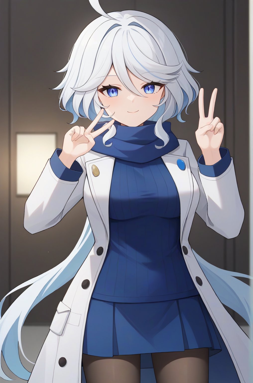 score_9, BREAK source_anime, (absurdres, masterpiece, high quality, 2d, anime), 1girl, furinarnd, white hair, medium breasts, white coat, overcoat, ribbed sweater, blue sweater, skirt, pantyhose, scarf, smile, closed mouth, v peace sign,