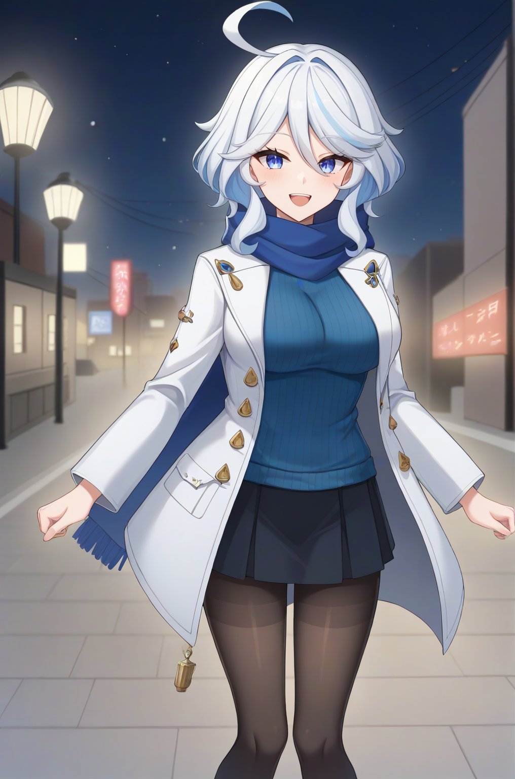 score_9, BREAK source_anime, (absurdres, masterpiece, high quality), 1girl, furinarnd, white hair, medium breasts, white coat, overcoat, ribbed sweater, blue sweater, skirt, pantyhose,  scarf, smile, teeth, BREAK, outdoor, town, city, night, neon lights,  metropolitan. snow, road,