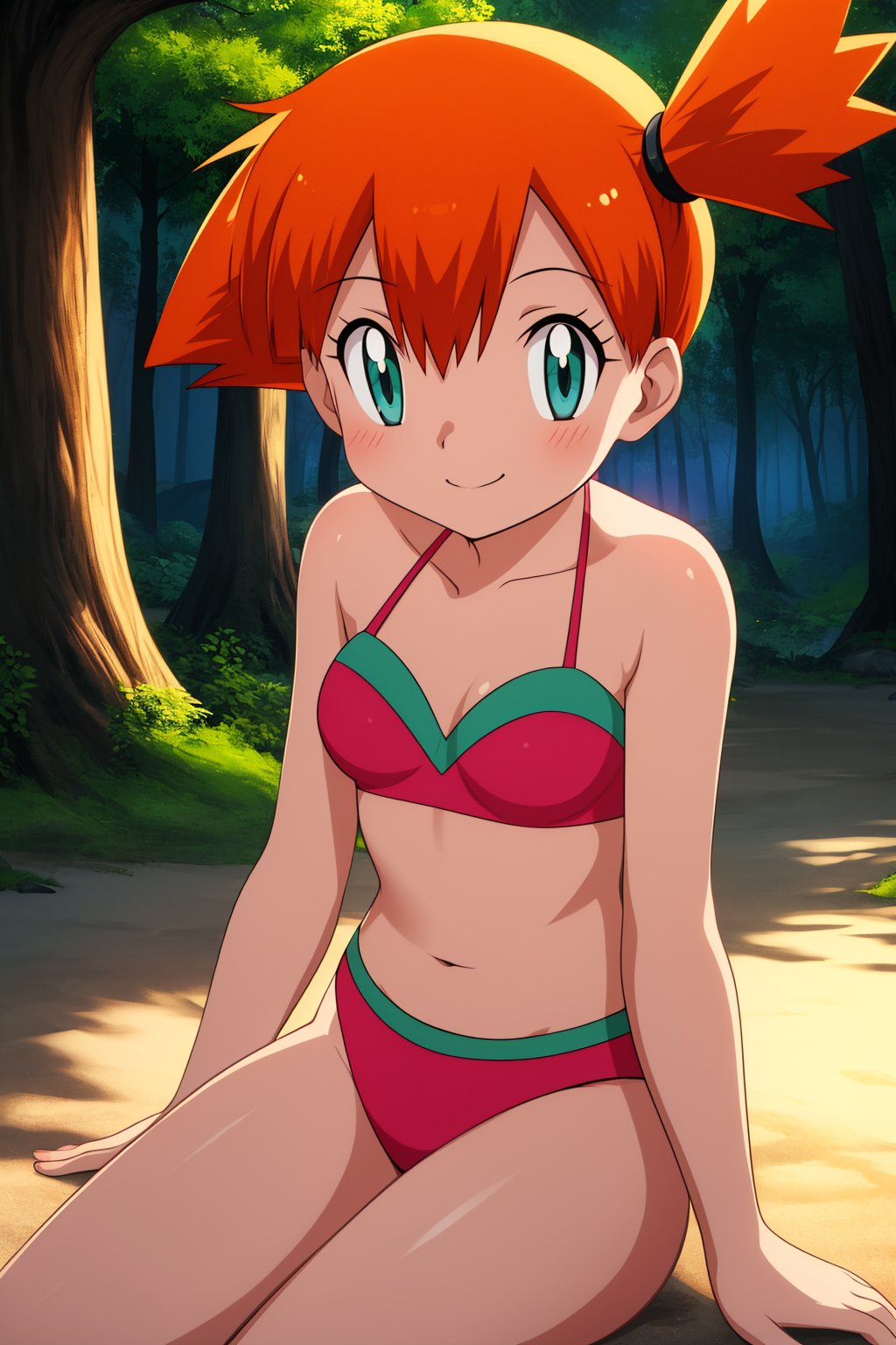 pkmnmisty, 1girl, solo, green eyes, orange hair, short hair, side ponytail, bangs, hair tie,red bikini,smile,closed mouth,cowboy shot,sitting,forest,outdoor,(insanely detailed, beautiful detailed face, masterpiece, best quality) cinematic lighting,<lora:PKMN_Misty_Red_Bikini_v1:1>, <lora:more_details:0.3>,