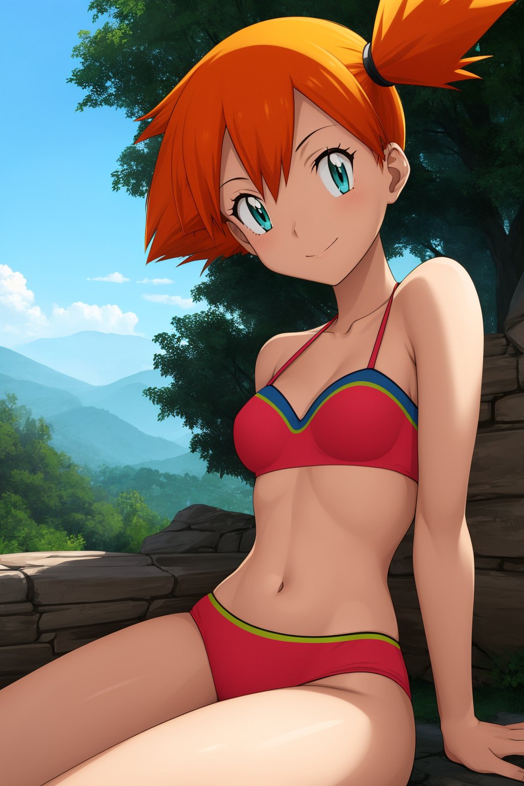 pkmnmisty, 1girl, solo, green eyes, orange hair, short hair, side ponytail, bangs, hair tie,red bikini,smile,closed mouth,cowboy shot,sitting,forest,outdoor,(insanely detailed, beautiful detailed face, masterpiece, best quality) cinematic lighting,<lora:PKMN_Misty_Red_Bikini_v1:1>, <lora:more_details:0.3>,