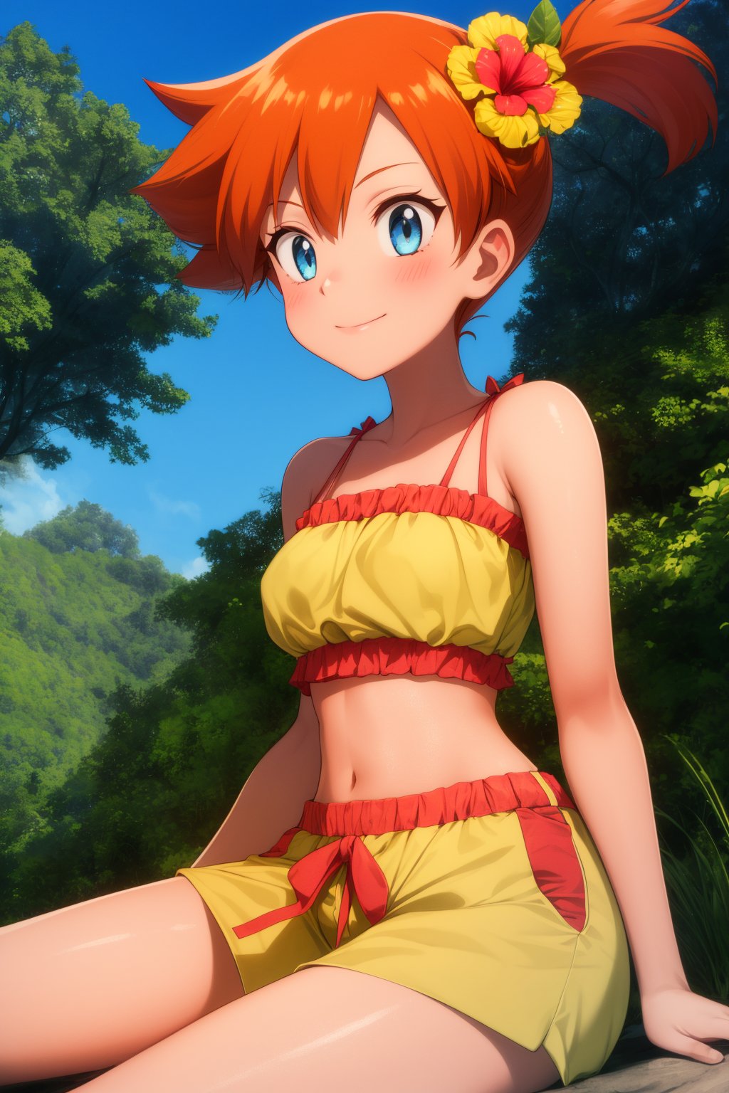 pkmnmisty, 1girl, solo, blue eyes, orange hair, short hair, side ponytail, bangs, hair tie,yellow shirt, yellow bikini, frills, yellow shorts, bikini shorts, hair flower, hibiscus, sleeveless,smile,closed mouth,cowboy shot,sitting,forest,outdoor,(insanely detailed, beautiful detailed face, masterpiece, best quality) cinematic lighting,<lora:PKMN_Misty_Alola_v1:1>, <lora:more_details:0.3>,