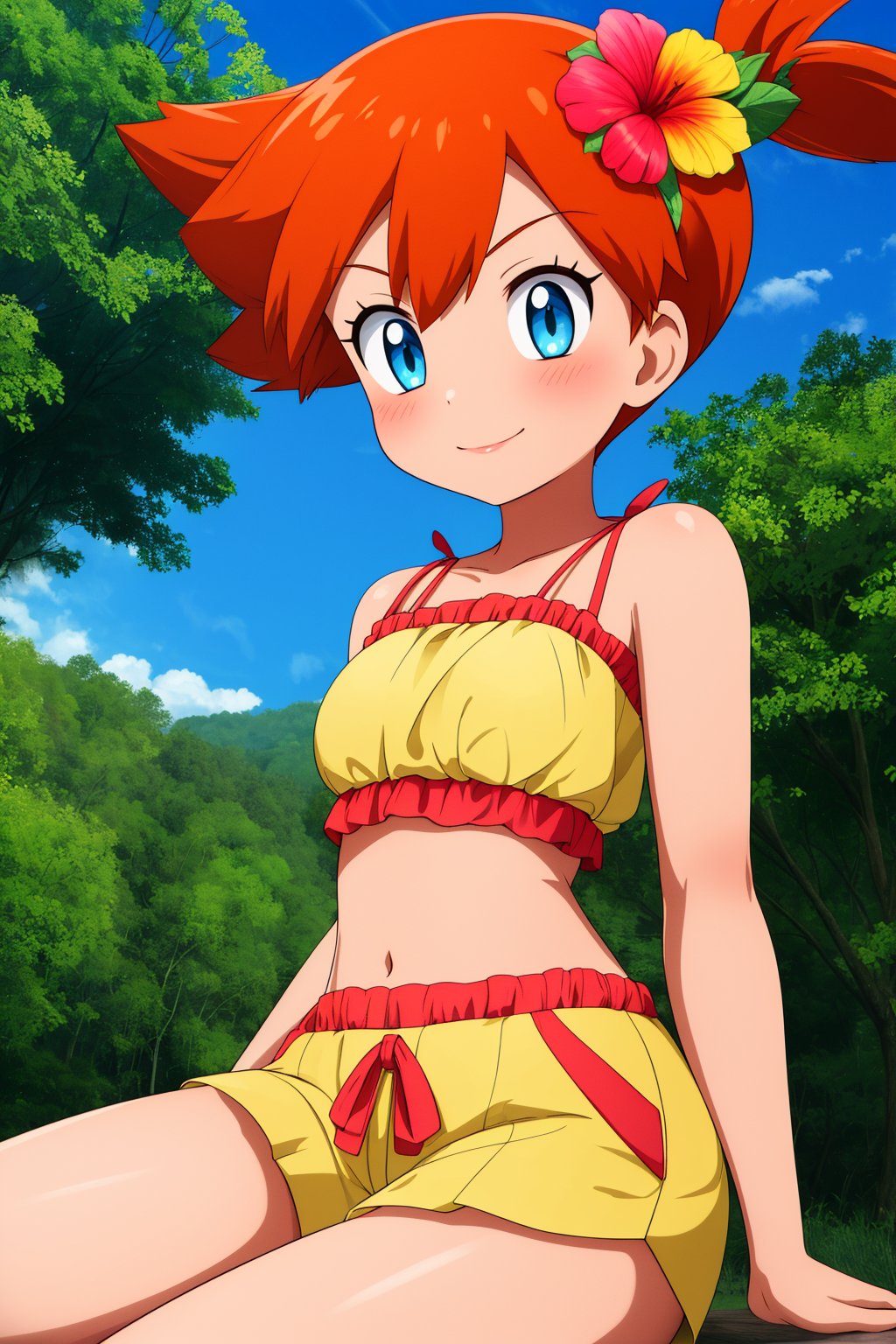 pkmnmisty, 1girl, solo, blue eyes, orange hair, short hair, side ponytail, bangs, hair tie,yellow shirt, yellow bikini, frills, yellow shorts, bikini shorts, hair flower, hibiscus, sleeveless,smile,closed mouth,cowboy shot,sitting,forest,outdoor,(insanely detailed, beautiful detailed face, masterpiece, best quality) cinematic lighting,<lora:PKMN_Misty_Alola_v1:1>, <lora:more_details:0.3>,