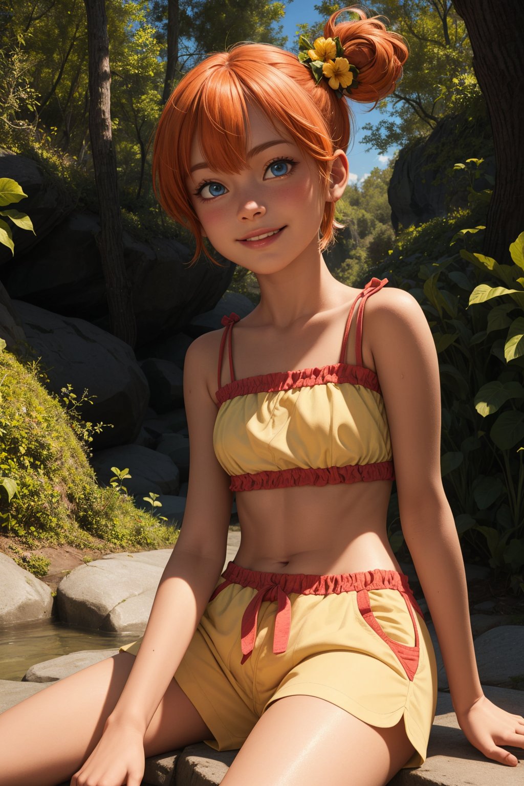 pkmnmisty, 1girl, solo, blue eyes, orange hair, short hair, side ponytail, bangs, hair tie,yellow shirt, yellow bikini, frills, yellow shorts, bikini shorts, hair flower, hibiscus, sleeveless,smile,closed mouth,cowboy shot,sitting,forest,outdoor,(insanely detailed, beautiful detailed face, masterpiece, best quality) cinematic lighting,<lora:PKMN_Misty_Alola_v1:1>, <lora:more_details:0.3>,