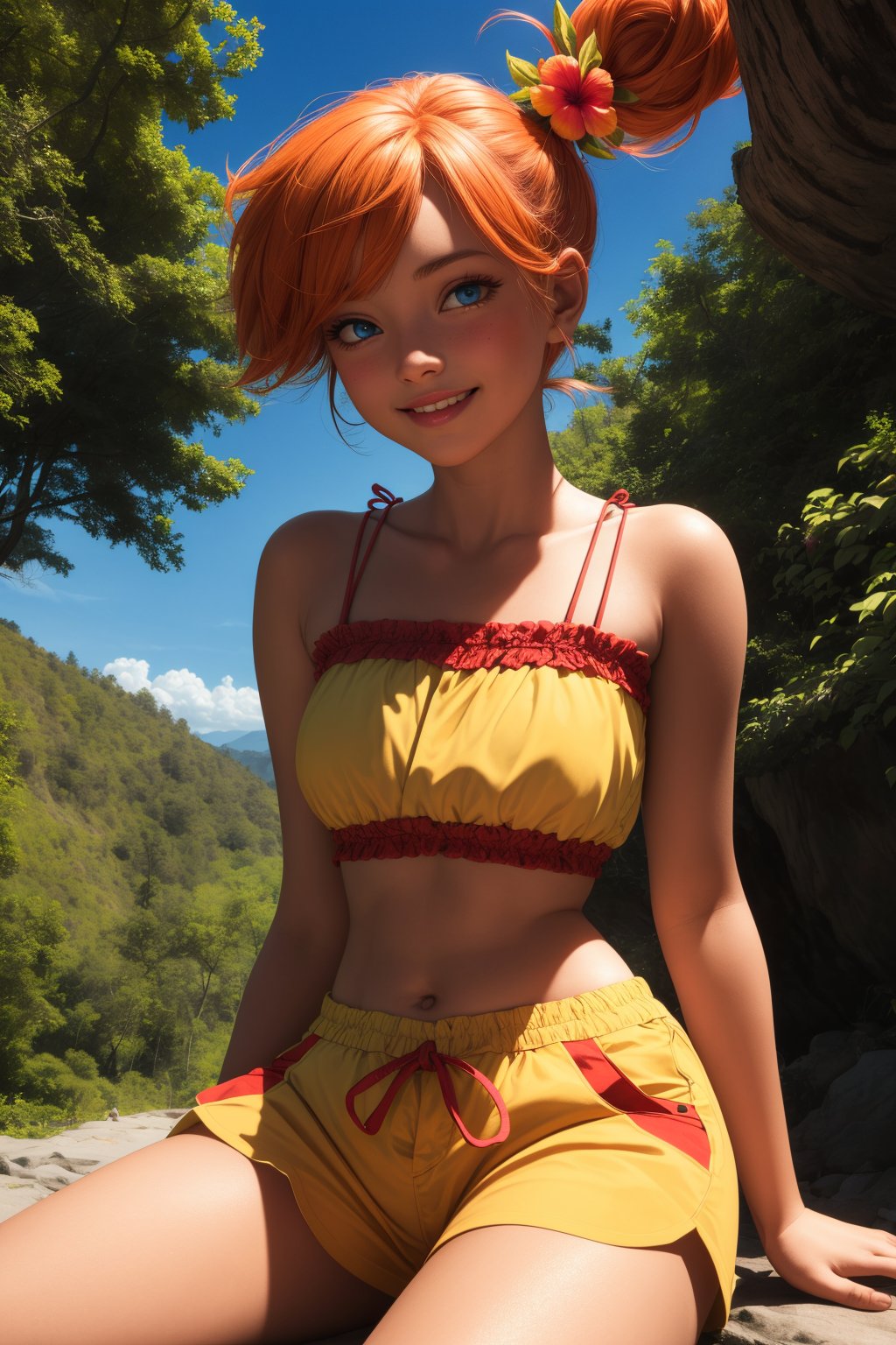 pkmnmisty, 1girl, solo, blue eyes, orange hair, short hair, side ponytail, bangs, hair tie,yellow shirt, yellow bikini, frills, yellow shorts, bikini shorts, hair flower, hibiscus, sleeveless,smile,closed mouth,cowboy shot,sitting,forest,outdoor,(insanely detailed, beautiful detailed face, masterpiece, best quality) cinematic lighting,<lora:PKMN_Misty_Alola_v1:1>, <lora:more_details:0.3>,