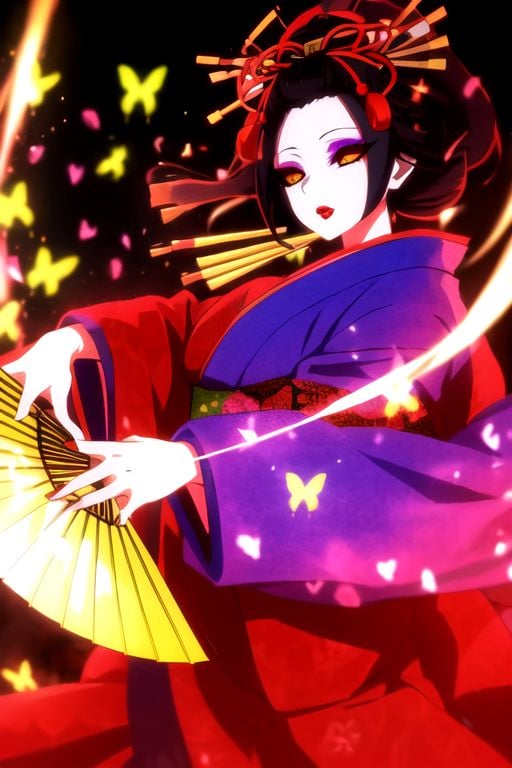 4k, 1girl, otogiri, oiran, 1girl, solo, hair ornament, japanese clothes, kimono, makeup, black hair, hair stick, lipstick, eyeshadow, hand fan, kanzashi, butterfly, red lips, open mouth, folding fan, yellow eyes, eyelashes, holding fan, colored sclera, comb, sash, obi, red eyes, wide sleeves, fingernails, outstretched arms, glowing, half-eyeliner, smoking pipe, kiseru,