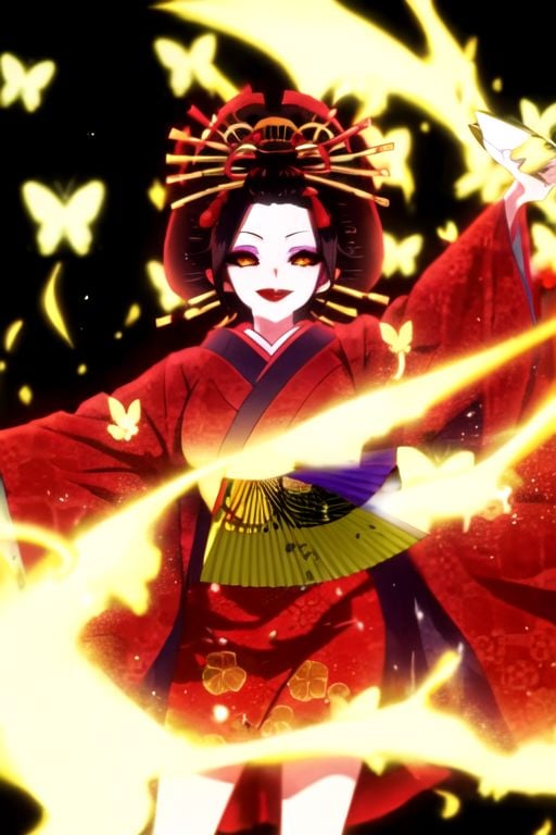 4k, 1girl, otogiri, oiran, 1girl, solo, hair ornament, japanese clothes, kimono, makeup, black hair, hair stick, lipstick, smile, eyeshadow, hand fan, kanzashi, butterfly, red lips, open mouth, folding fan, yellow eyes, eyelashes, holding fan, colored sclera, comb, sash, obi, red eyes, wide sleeves, fingernails, outstretched arms, glowing, half-eyeliner, smoking pipe, kiseru,