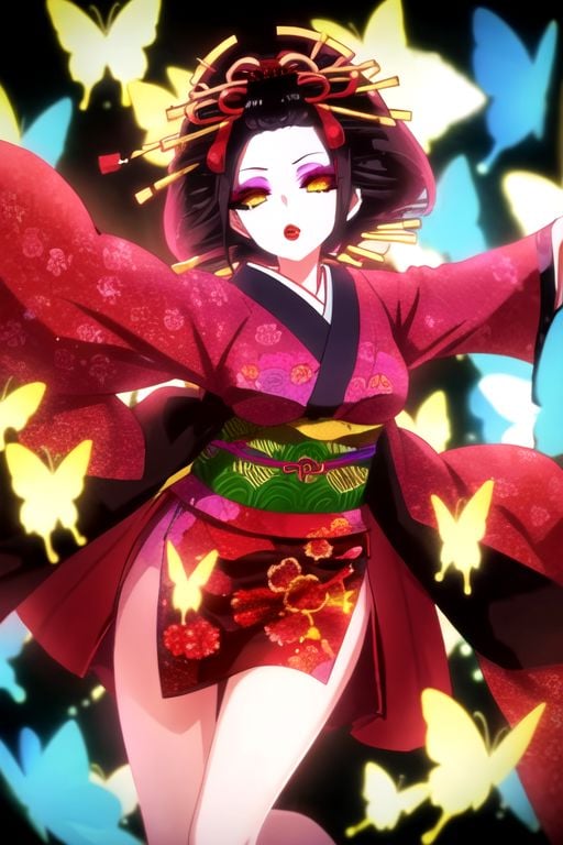 4k, 1girl, otogiri, oiran, 1girl, solo, hair ornament, japanese clothes, kimono, makeup, black hair, hair stick, lipstick, eyeshadow, hand fan, kanzashi, butterfly, red lips, open mouth, folding fan, yellow eyes, eyelashes, holding fan, colored sclera, comb, sash, obi, red eyes, wide sleeves, fingernails, outstretched arms, glowing, half-eyeliner, smoking pipe, kiseru,