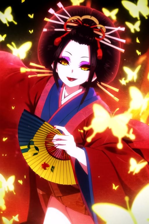 4k, 1girl, otogiri, 1girl, solo, hair ornament, japanese clothes, kimono, makeup, black hair, hair stick, lipstick, smile, eyeshadow, hand fan, kanzashi, bug, butterfly, red lips, open mouth, folding fan, yellow eyes, eyelashes, holding fan, colored sclera, comb, sash, obi, red eyes, wide sleeves, fingernails, outstretched arms, glowing, half-eyeliner, smoking pipe, kiseru,