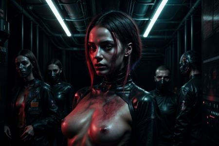 eerie photograph "mysterious dark cyberpunk scene", a contemporary art photograph. The image is a masterpiece of the highest quality. impactful deep color elements are represented in the image, perfect female anatomy