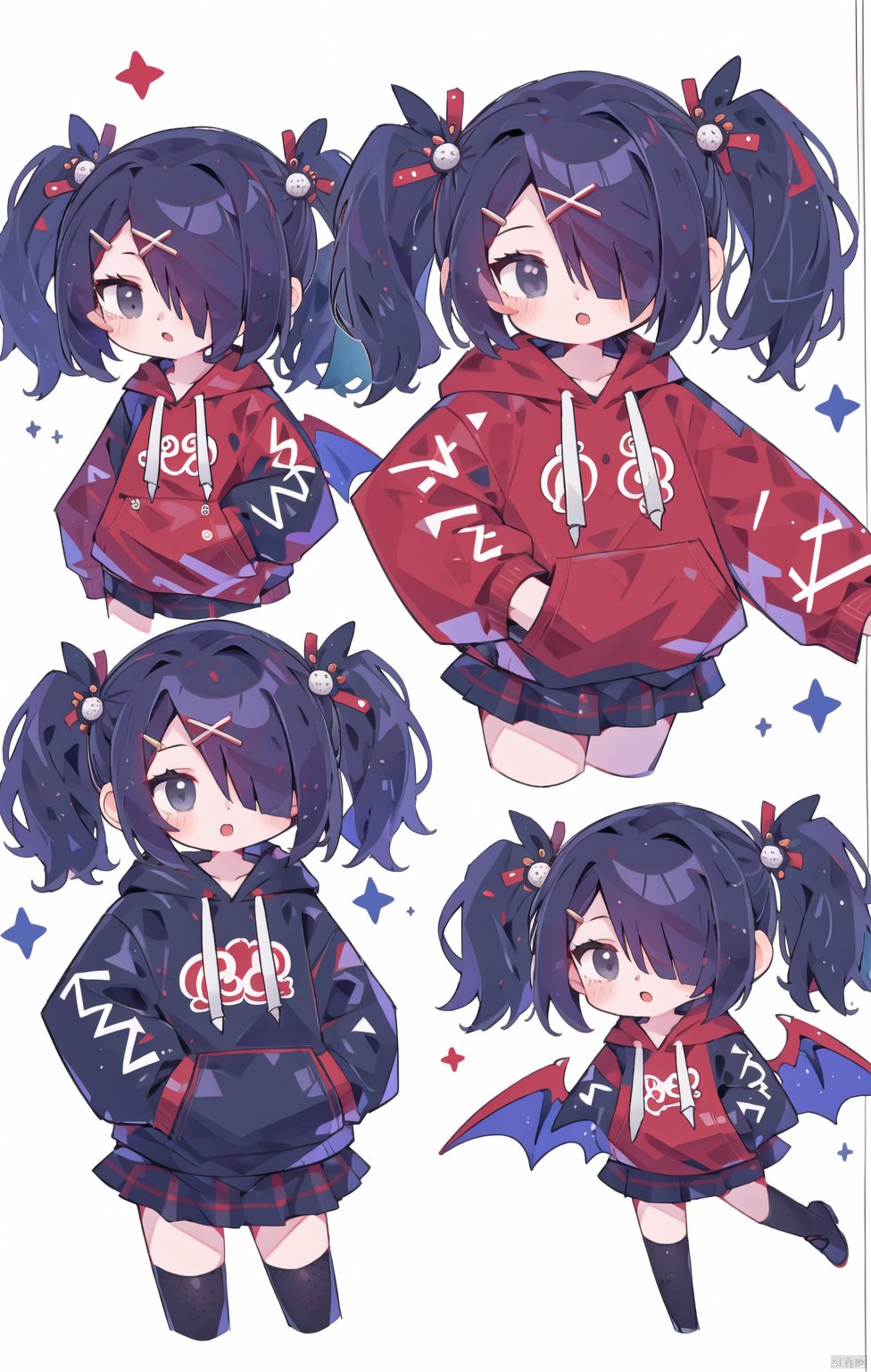 1girl, looking at viewer, blush, open mouth, bangs, skirt, black hair, hair ornament, thighhighs, long sleeves, holding, twintails, pleated skirt, parted lips, wings, hairclip, hood, chibi, hair over one eye, black eyes, grey eyes, plaid, hoodie, multiple views, red skirt, plaid skirt, blush stickers, hood down, x hair ornament, cropped legs, hand in pocket, drawstring, black hoodie,tenshi