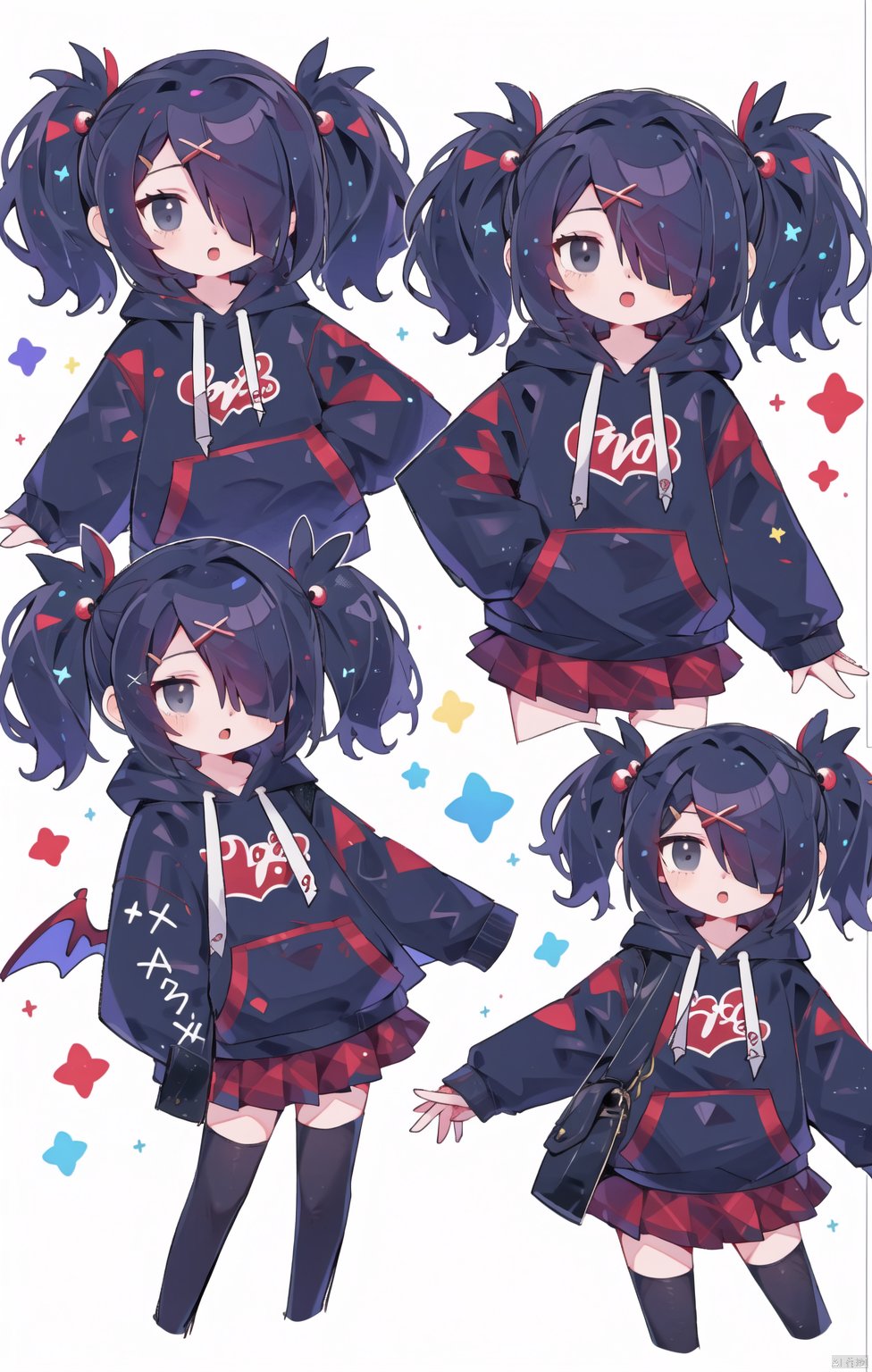 1girl, looking at viewer, blush, open mouth, bangs, skirt, black hair, hair ornament, thighhighs, long sleeves, holding, twintails, pleated skirt, parted lips, wings, hairclip, hood, chibi, hair over one eye, black eyes, grey eyes, plaid, hoodie, multiple views, red skirt, plaid skirt, blush stickers, hood down, x hair ornament, cropped legs, hand in pocket, drawstring, black hoodie,tenshi